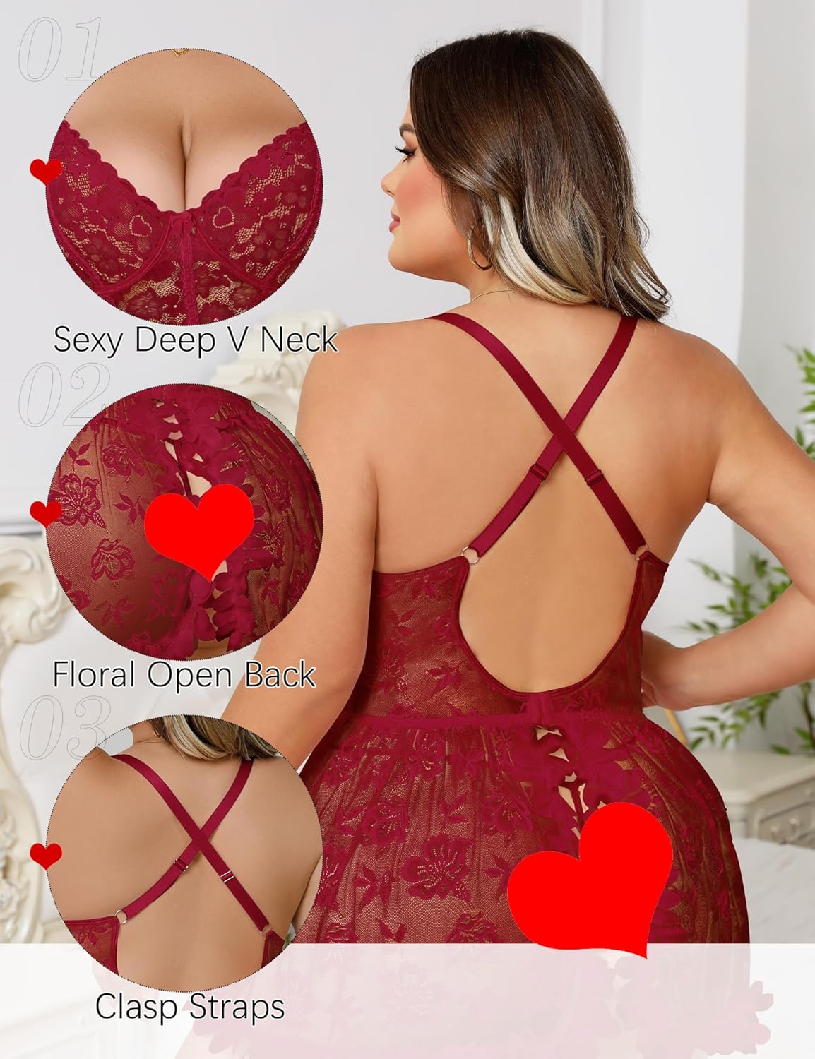 Plus Size Lingerie for Women Open Back Sexy Lingerie Dress Floral Lace Babydoll Chemise Lace Nightgown - Image 2