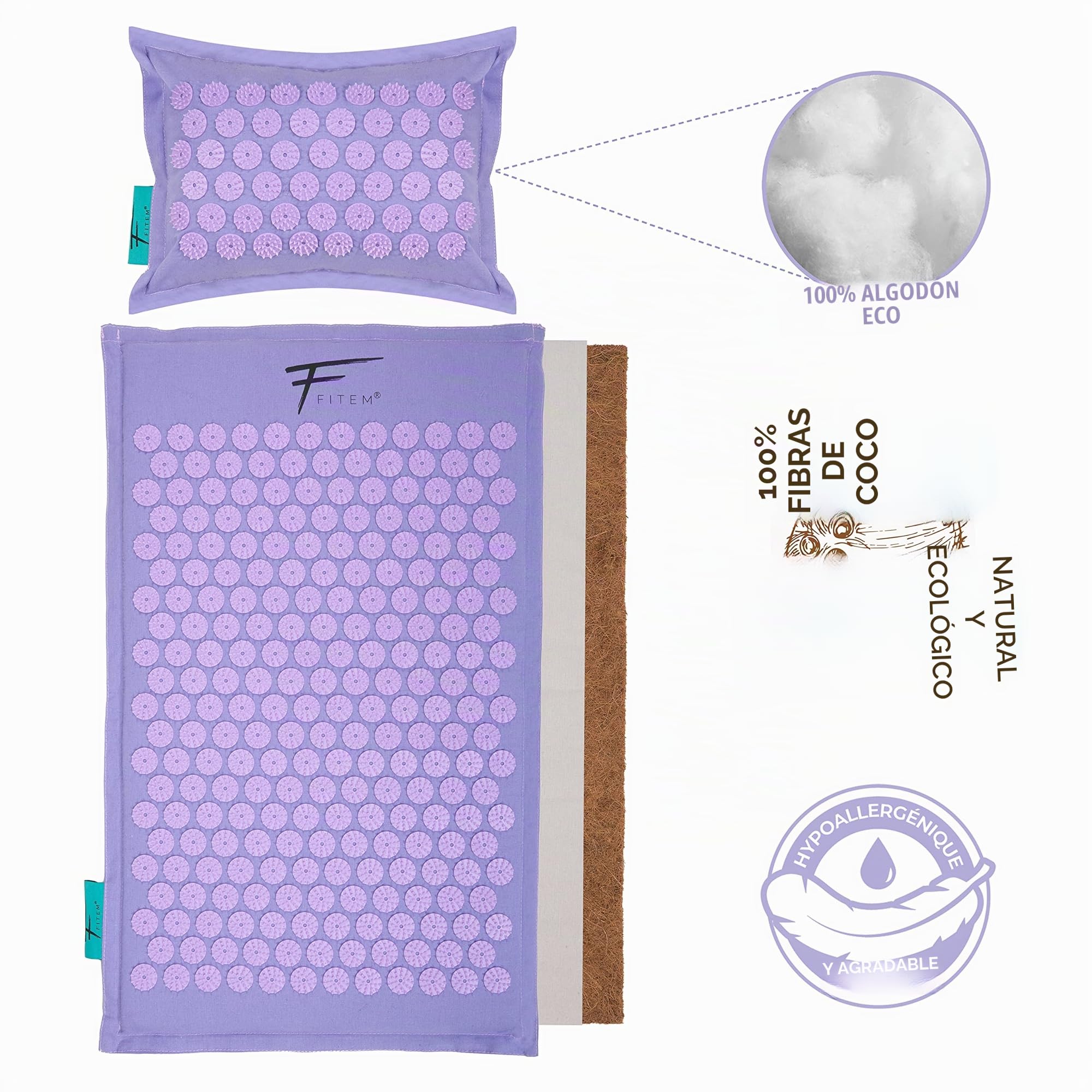 Esterilla de acupresión y cojín Fitem, relleno de coco 100% natural, masajea, alivia el dolor de espalda y cuello, la ciática, relaja los músculos, masajea, relaja y reduce el insomnio.