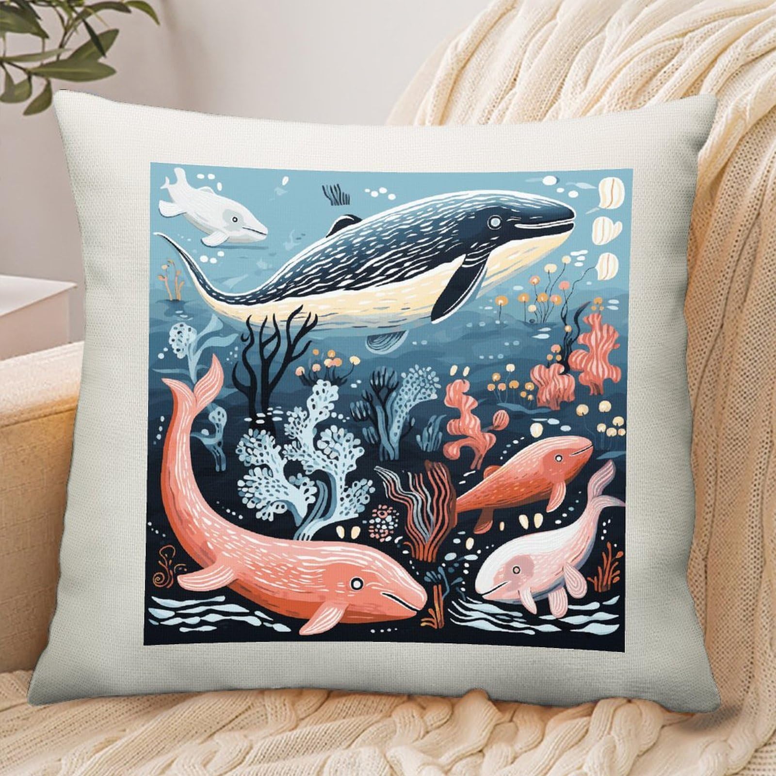 Adfgyerh Style Seal Whale Octopus Fish Pillow Cover Breathable,Pillowcases Boho Decorative Envelope Closure,Throw Pillow Covers For Beach,Patio,Balcony,Couch Living Room 18 * 18In