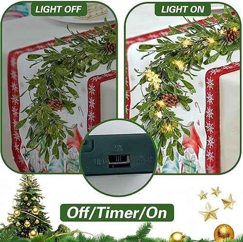 Miniatura 3 de Guirnalda de Navidad iluminada de 6 pies con temporizador, guirnalda de cedro sintético realista con piña de bayas, enredaderas navideñas para