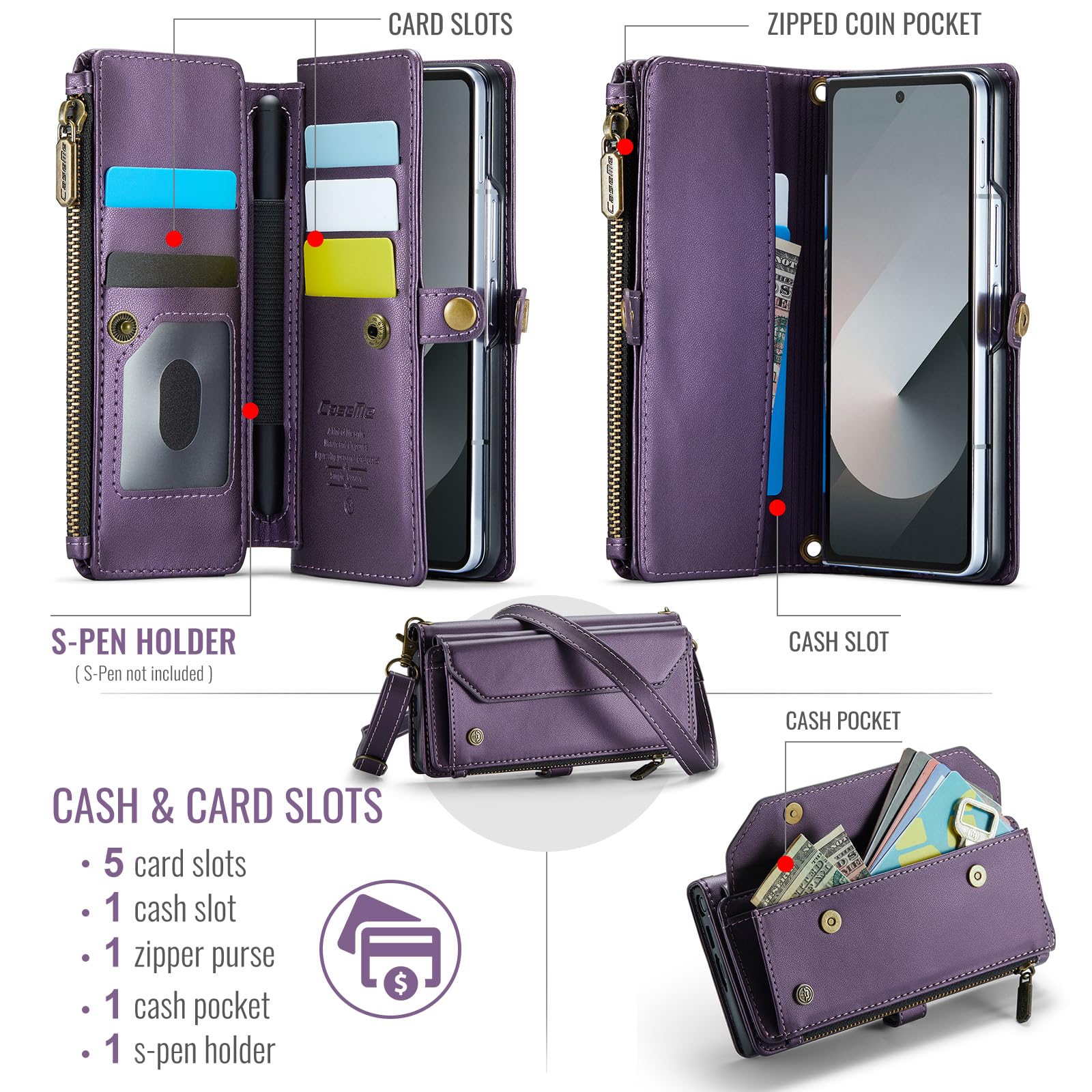 Étui portefeuille pour Samsung Galaxy Z Fold 8 Ultra, avec bandoulière et dragonnes, housse avec support de visionnage en cuir mat