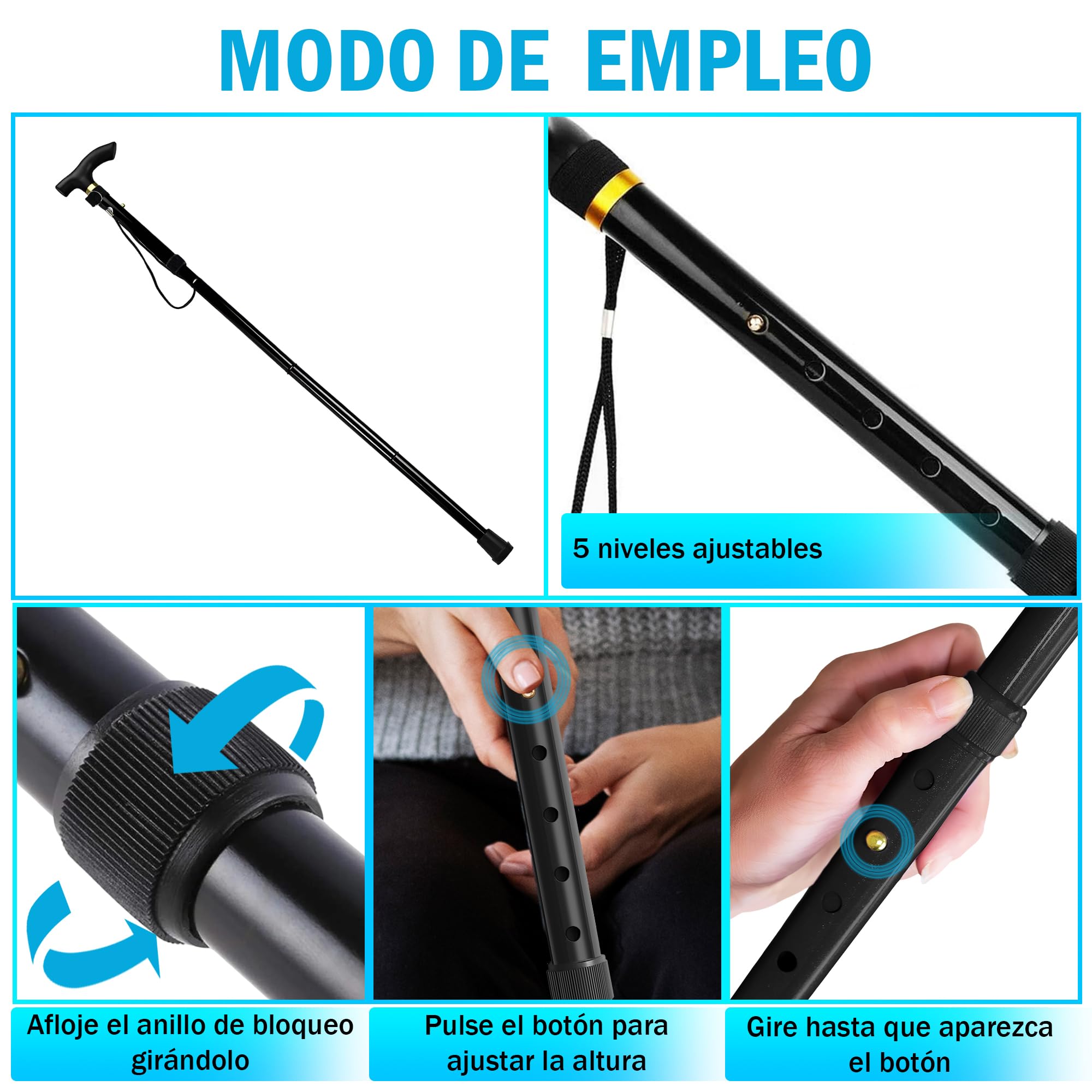 Bastón Plegable para Mayores + 2 Tapones Antideslizantes | Bastón Extensible Portátil Tapones Antideslizantes, Ideal para Caminar y Andar (Negro)