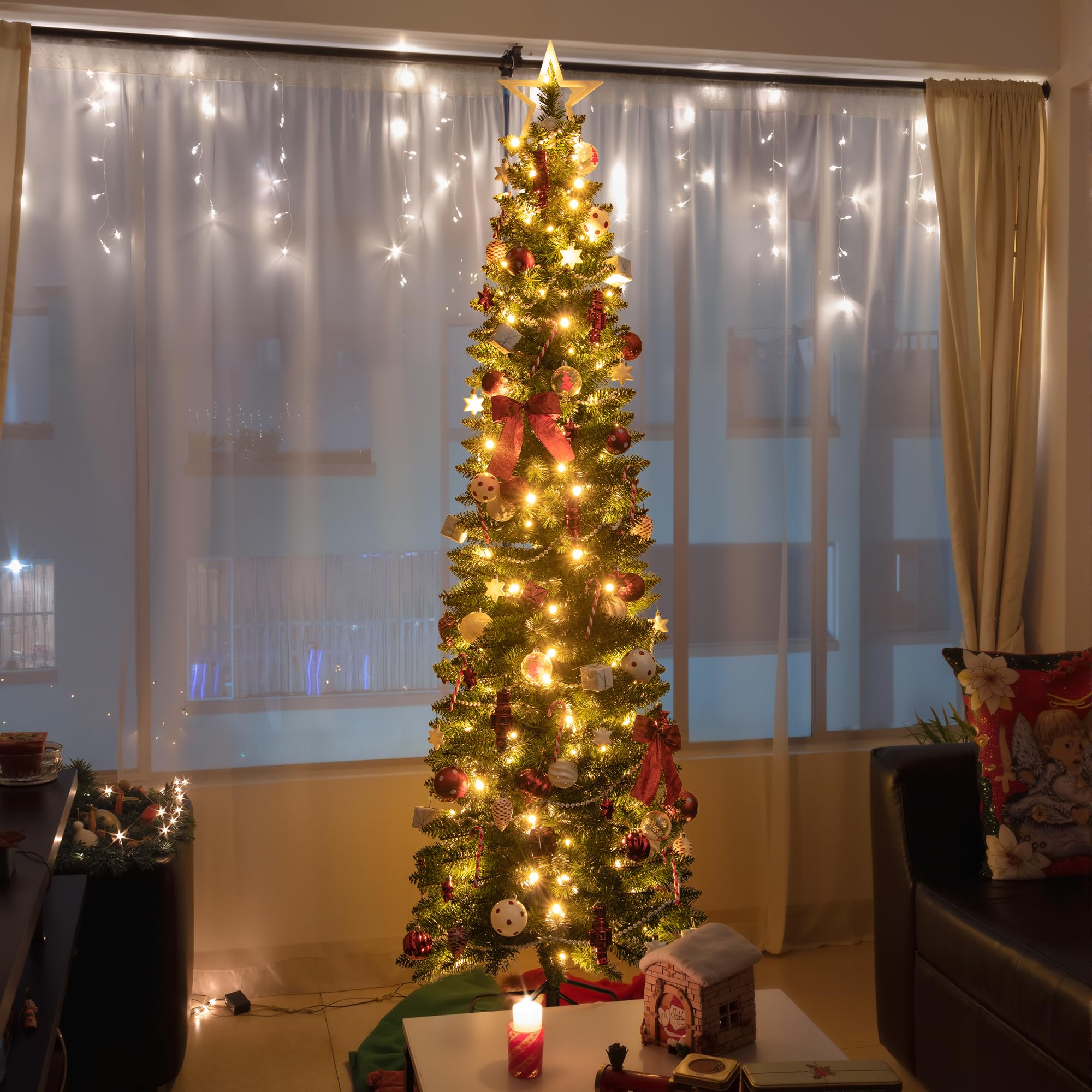 105 pièces Ornements d'arbre de Noël Ensemble de Boules Rouge et Blanches Complet en Plastique Anti - bris Inclus Couronne Boule Flocon de Neige étoile Sapin cône Perle Guirlande