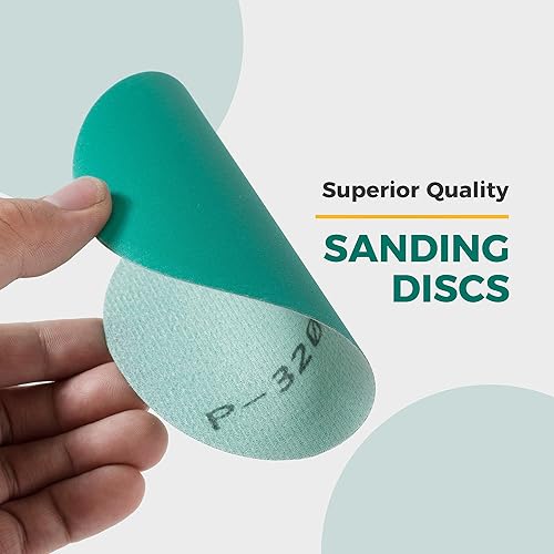 Miniatura 4 de S SATC Papel de lija de 5 pulgadas, disco de lijado de película verde de grano 320, 50 discos de papel de lija para lijadoras, acabado abrasivo de
