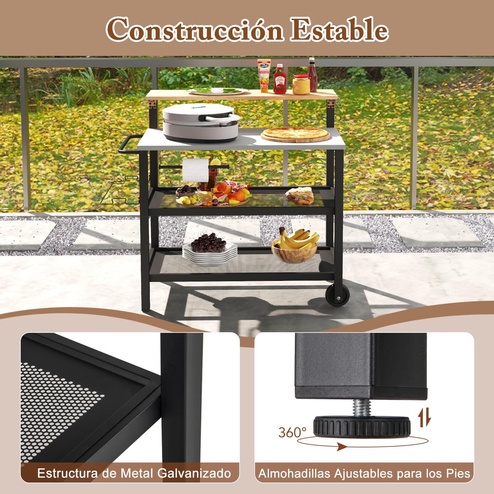 COSTWAY Carrito de Barbacoa de 3 Niveles, Mesa de Barbacoa con Estante y Asa Plegable, Ganchos, Soporte para Toallas de Papel y Bolsas de Basura, Carrito de Servicio, 116 x 55 x 130 cm
