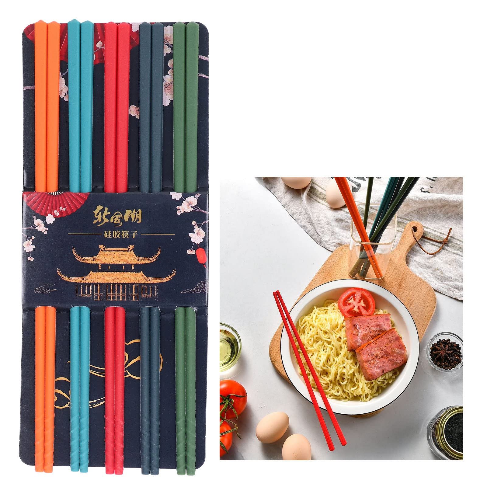 Essstäbchen-Set Aus Edelstahl Mit Silikon – 5 Paar In Verschiedenen Farben, Rutschfest, Spülmaschinenfest, Hitzebeständig