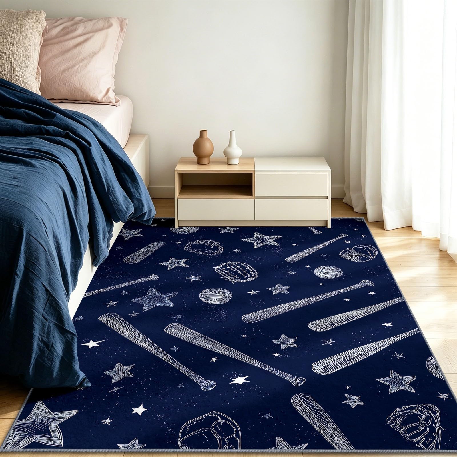 Generisch Teppich Wohnzimmer Waschbarer Sport Wettkampf, Kurzflor Teppich Großer Baseball Stern Tiefblau Schlafzimmer Teppiche rutschfest für Esszimmer Büro Bereich Dekor 80x150 cm