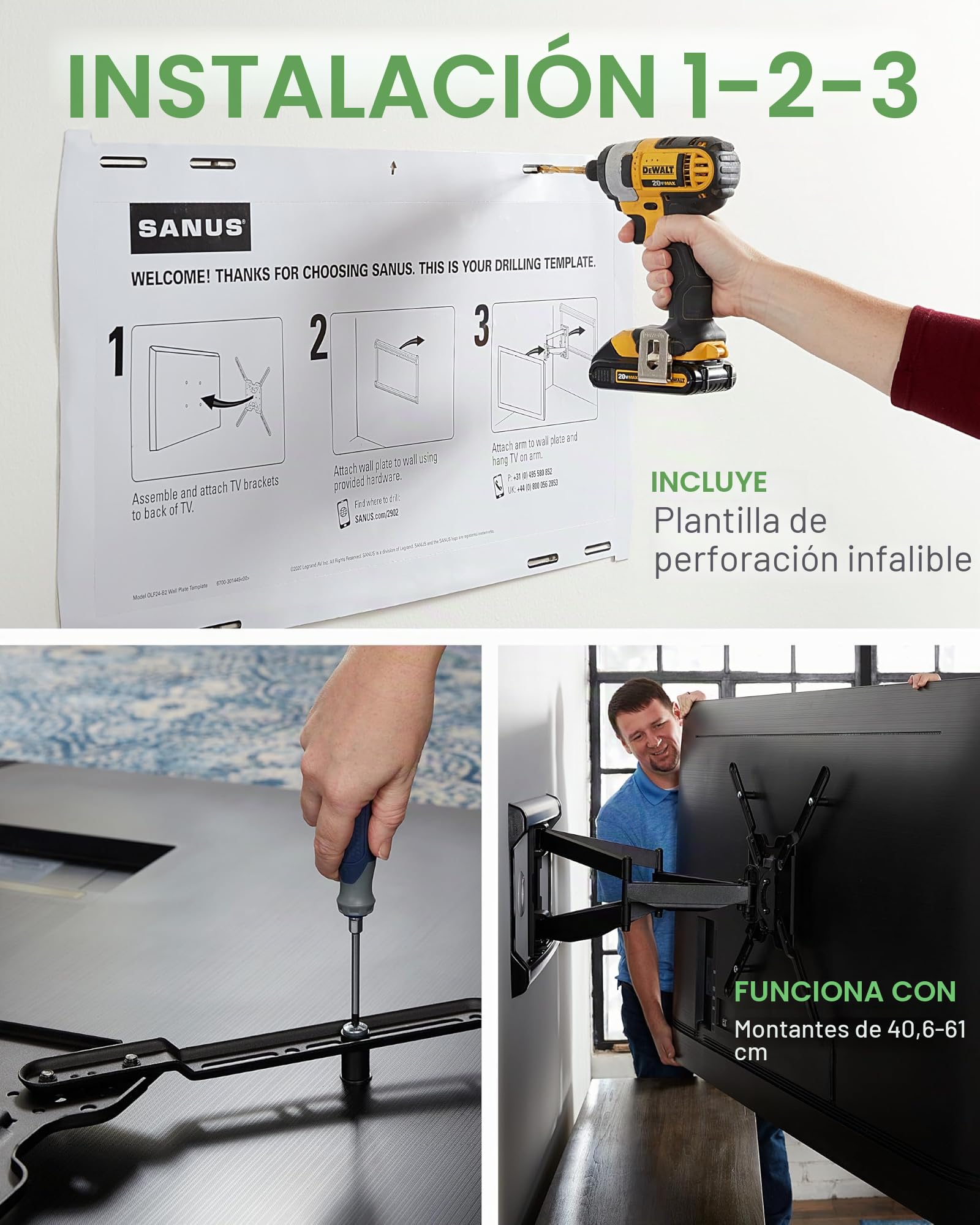 SANUS Soporte de Pared para TV de Movimiento Completo para televisores de hasta 90 Pulgadas, diseño Premium Que se extiende 24 Pulgadas con Giro e inclinación de la Punta del Dedo, fácil instalación