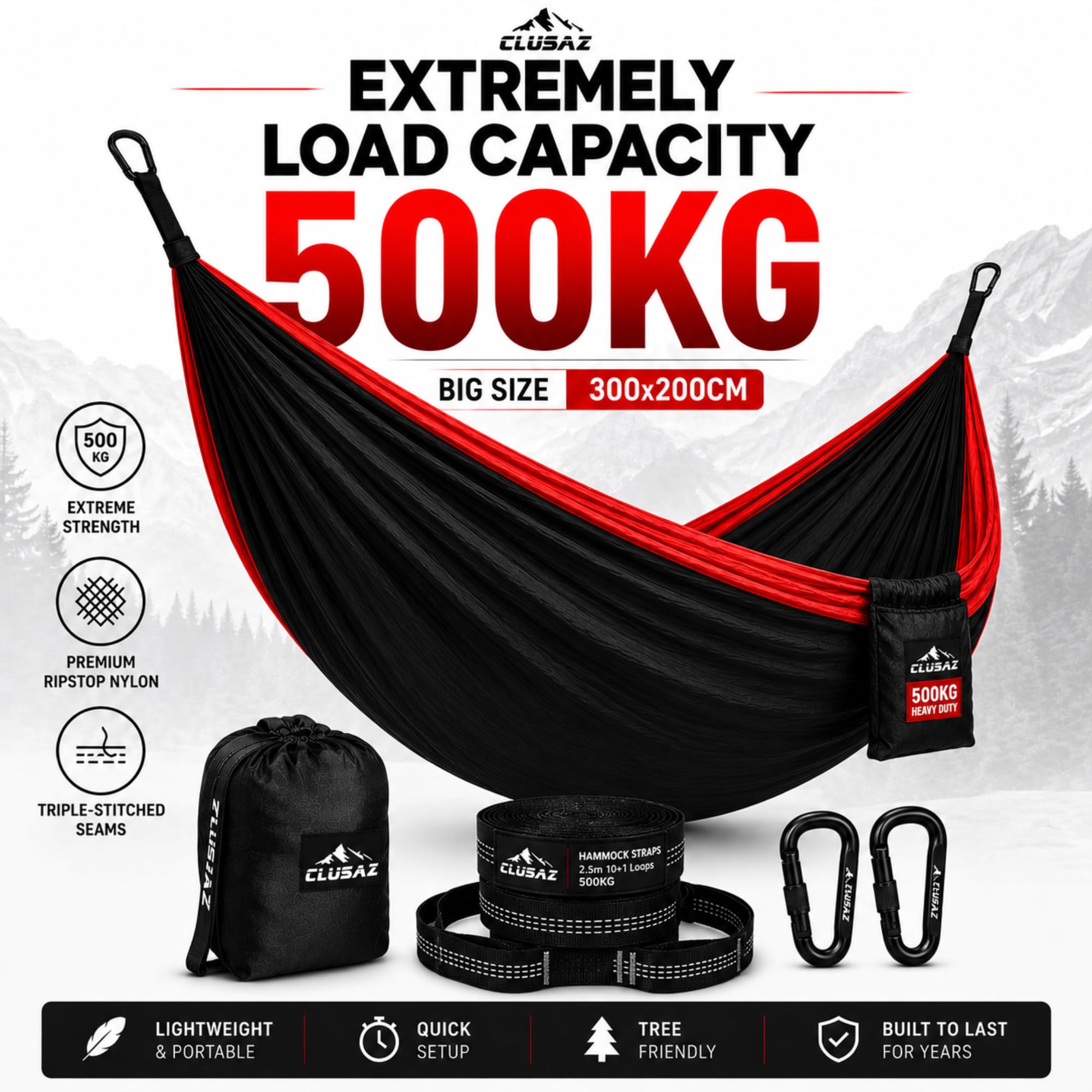 Amaca Doppia Outdoor 2 Persone 300x200cm – 500kg Ultra-Resistente – Nylon Ripstop Diamond – Senza Nodi 60 sec – Moschettoni Lisci – Borsa Comprimibile – Garanzia 10 Anni