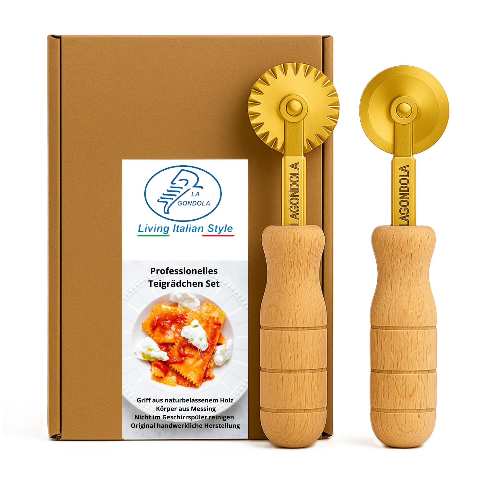 La Gondola Set mit 2 Teigrädchen - Gewelltes & Glattes Räder | Nudelwerkzeug | Messing & Naturholz | Sicheres & Einfach zu verwenden | Hausgemachten Ravioli Teigschneider Hergestellt Made in Italy