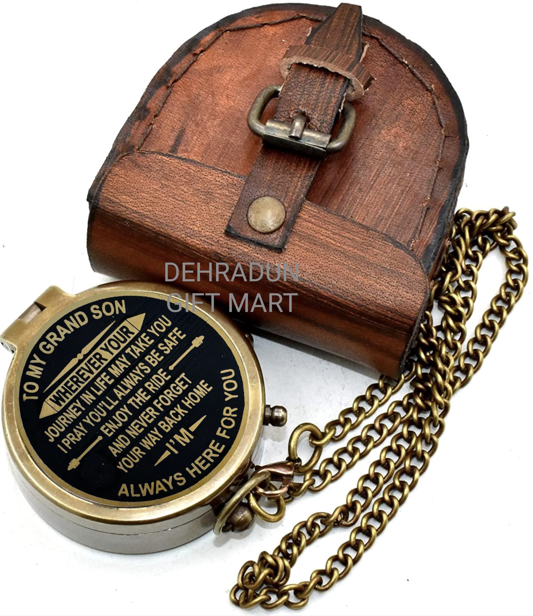 Bussola tascabile personalizzata in ottone anticato per nipote, messaggio inciso "Always Here for You" con custodia in pelle, regalo di laurea ispiratore, viaggio e avventura