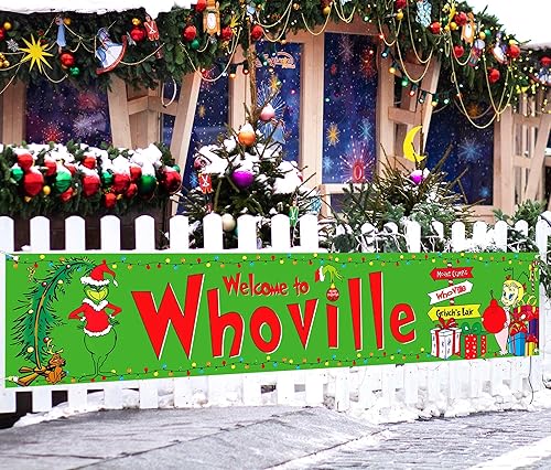 Nepnuser Cartel de bienvenida a Whoville para colgar en la valla de Navidad con diseño de Grinchmas de invierno para fiestas, decoración de Navidad,