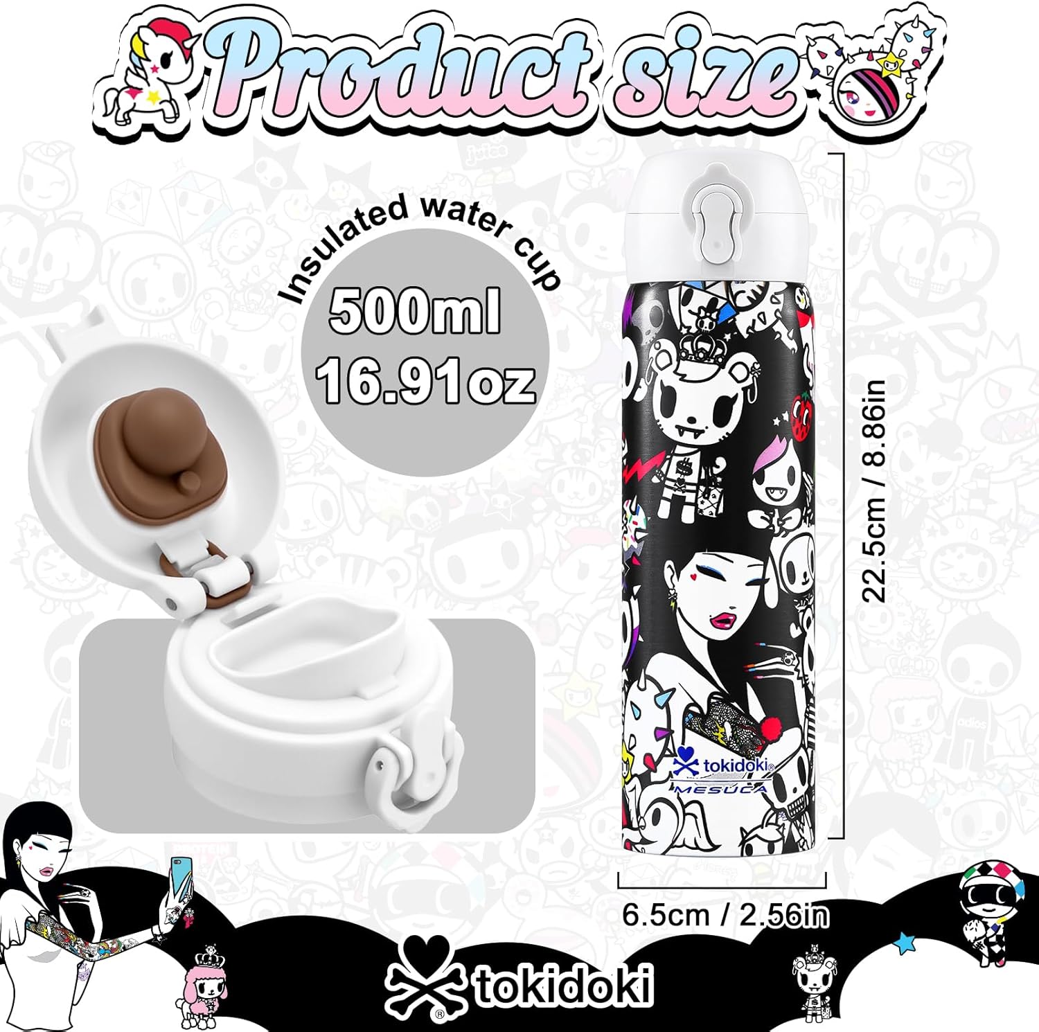 Tokidoki Unicorno Bottle 17oz Insulated Stainless Steel Water Bottle Reusable Vacuum Insulated Water Bottle Tumbler with Leak Proof Flip Bottle for Travel Office Gym (BN_allstars) - Image 2