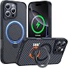 Diseñado para iPhone 16 Pro Max, funda con soporte, negra | Funda de teléfono de fibra de carbono [Compatible con MagSafe] [Protección militar de 15 pies] con soporte magnético de 360° 6.9'' 1