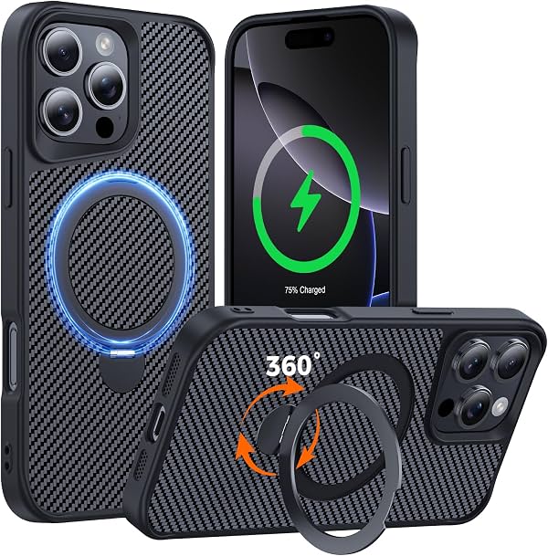 Diseñado para iPhone 16 Pro Max, funda con soporte, negra | Funda de teléfono de fibra de carbono [Compatible con MagSafe] [Protección militar de 15 pies] con soporte magnético de 360° 6.9''