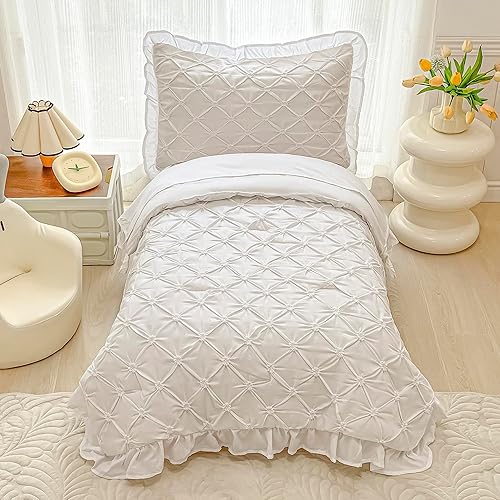 Miniatura 7 de VIVILINEN Juego de ropa de cama para niñas pequeñas de 4 piezas con pliegues de color blanco fruncido floral 3D con diseño de pintuck para bebés y
