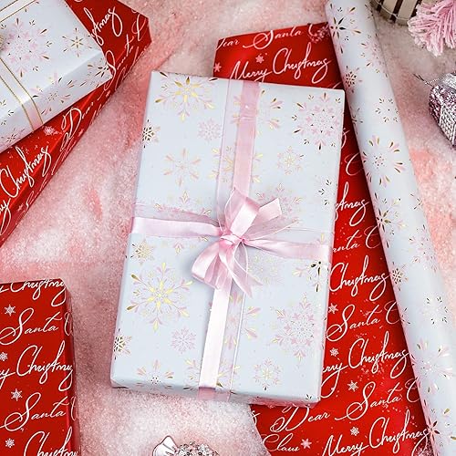 Miniatura 9 de MAYPLUSS Rollo de papel de regalo de Navidad, mini rollo, 17 x 120 pulgadas por rollo, oso plateado, copos de nieve con diseño de lámina dorada con