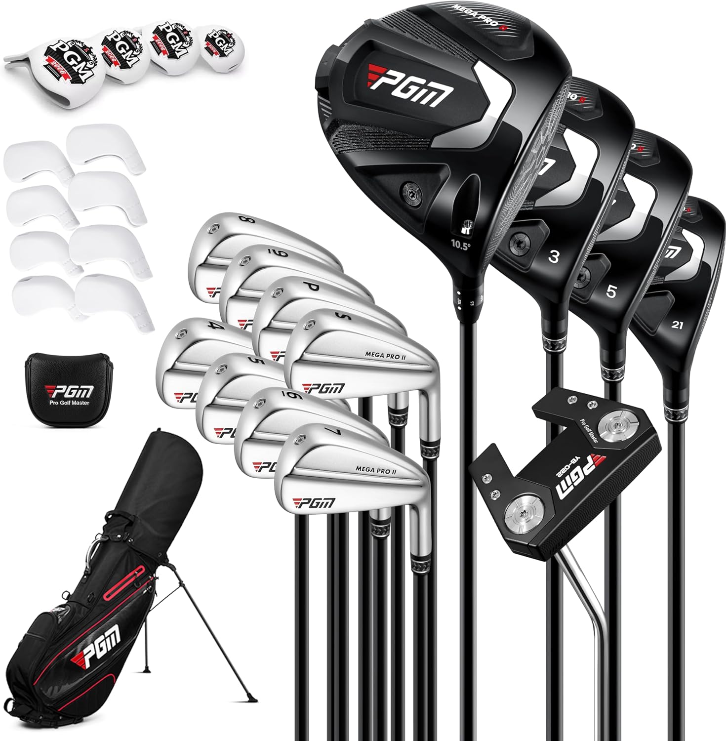 PGM 27 Piece Men's Complete Golf Club Set Right Handed R&A and USGA Certified with Driver Woods Hybrid Irons P S Wedges Putter Headcovers and Golf Bag Black