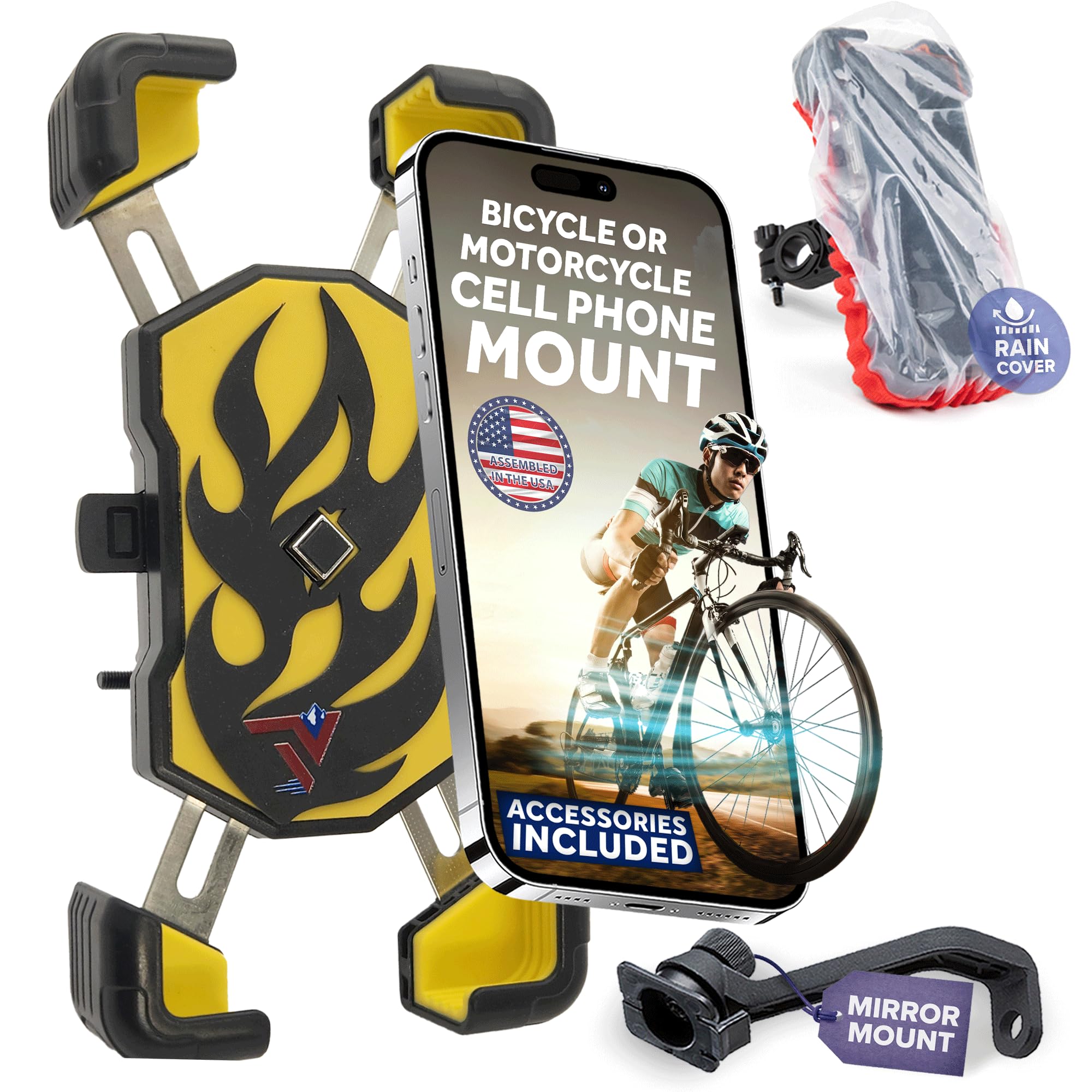 Bike Phone Holder/Motorcycle Mount from US TV Sport Motorcycle Accessories/Bike Accessories. Cell Phone Holder fits Harley Davidson E Bike ATV Moped Scooter Stroller. Incl. Mirror-Mount & Rain-Cover.