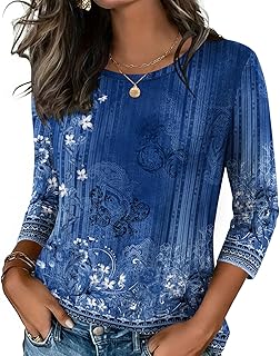 Women's Casual 3/4 Sleeve T-Shirts Round Neck Cute Tunic Tops Basic Tees Blouses Business Work Tee Top
