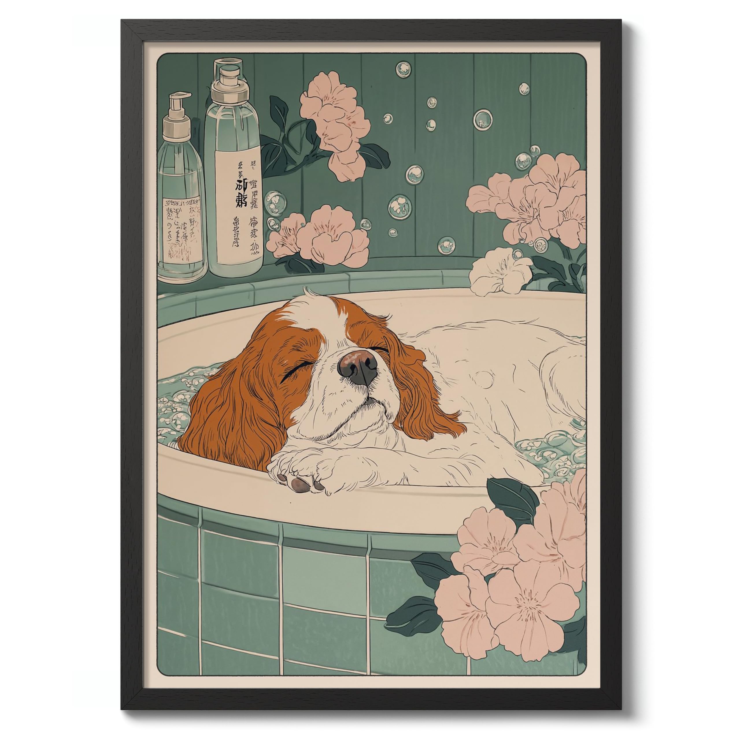 King Charles Spaniel Bathtime Anime Animal Poster, Funny Bathroom Wall Art Print, Manga, Bathroom Wall Art, Toilet Decor, A2 (Black Frame) - 62.5x45.1cm