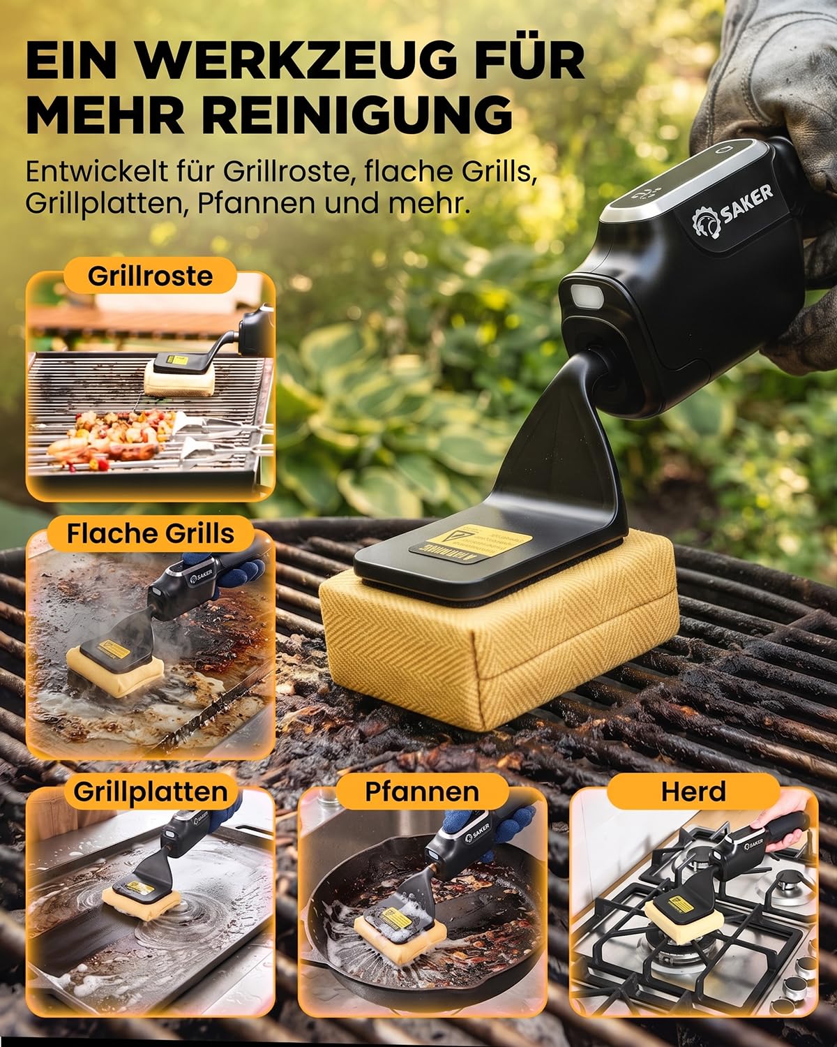 Saker Elektrische Grillbürste, Bürstenfreier BBQ-Reiniger mit Feuerbeständigem Pad, Kabelloser Grillreiniger für Holzkohle-, Pellet- und Flachgrills