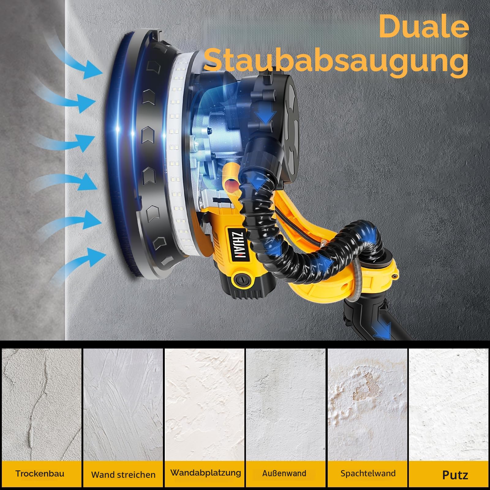 Trockenbauschleifer (880W), Schleifer mit doppelter LED-Beleuchtung, 5 variable Geschwindigkeiten, 1000-2100 U/min elektrischer Trockenbauschleifer mit 12 Schleifscheiben und Staubabsaugbeutel