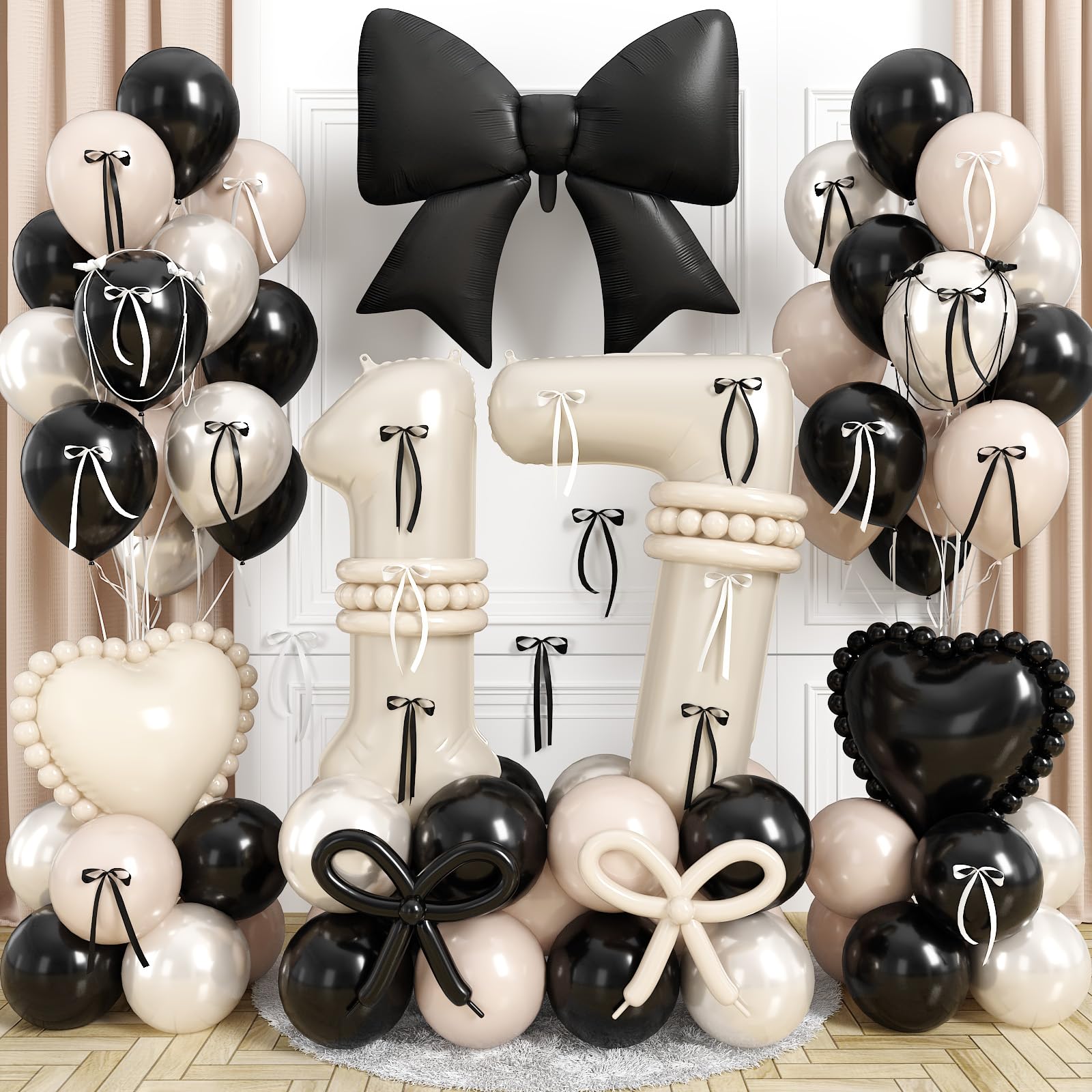 40 Inch Beige 17 Number Balloon for Girls 17th Birthday Decorations Double Stuff Pearl White Black Cream Latex Balloon Bow Heart Foil Balloon for Coquette 17 Year Old Birthday Anniversary Party Decor