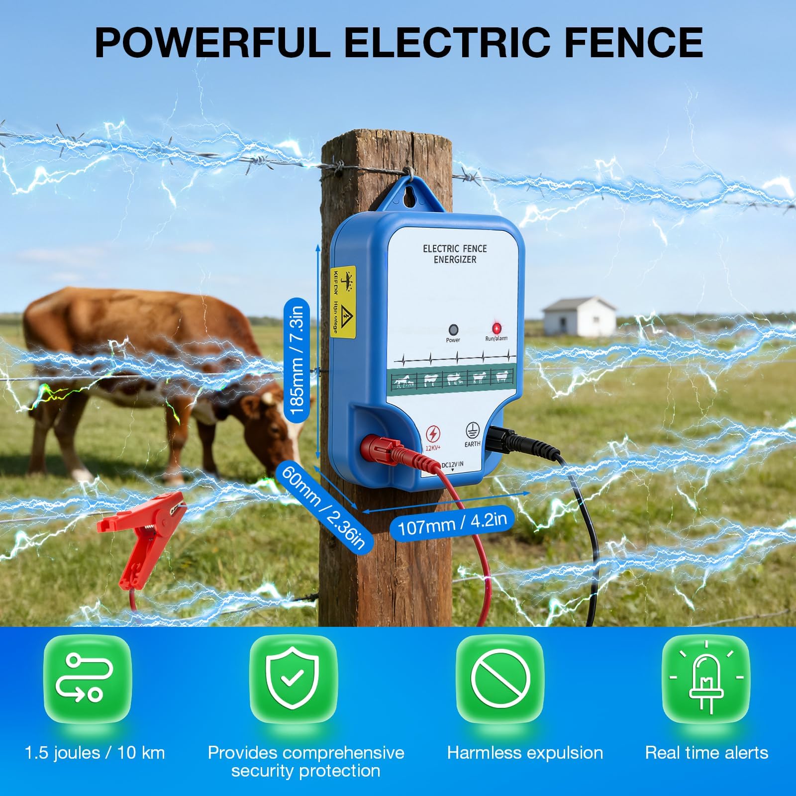 3KM Elettrificatore per Recinto Elettrico, 2J Recinzione Recinto Elettrica per Animali, LED Elettrificatore Recinzione Elettrica, per Galline Pecore Maiali Volpi & Azienda Agricola Pascolo Giardino