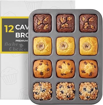 Bake Choice Square Brownie Pan with Dividers, Non Stick Carbon Steel Baking Tray, All Edges Brownie Bite Pan, 1 Pack 12 Cavity, for Individual Brownies, Cupcakes, Muffins, Cookies, Bread