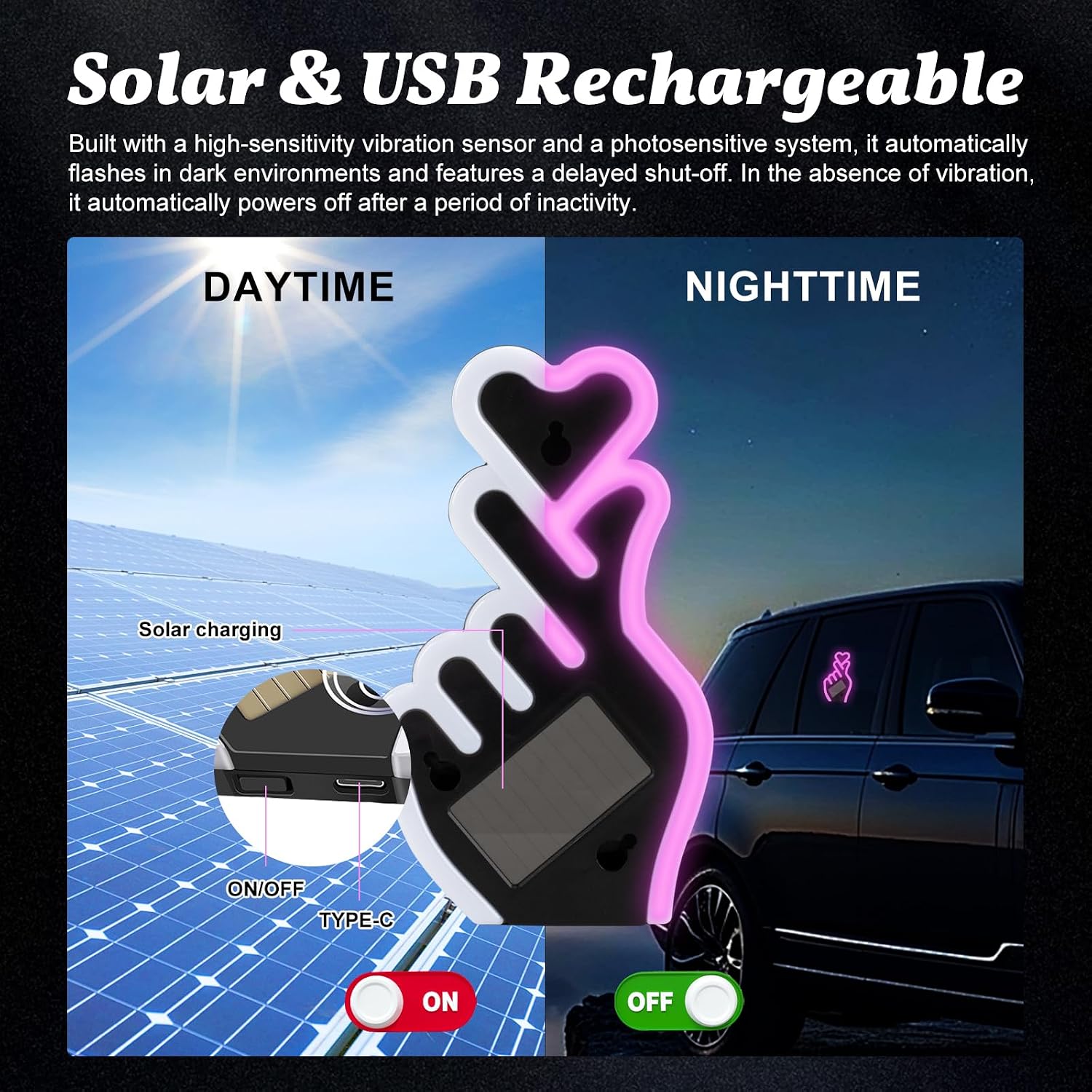Car Light Finger Heart LED Ambient Solar Lights - Hand Heart Gesture Neon Signs Premium Hearts Led Noen Light for car Window Interior Decor (1, Pink) image 4