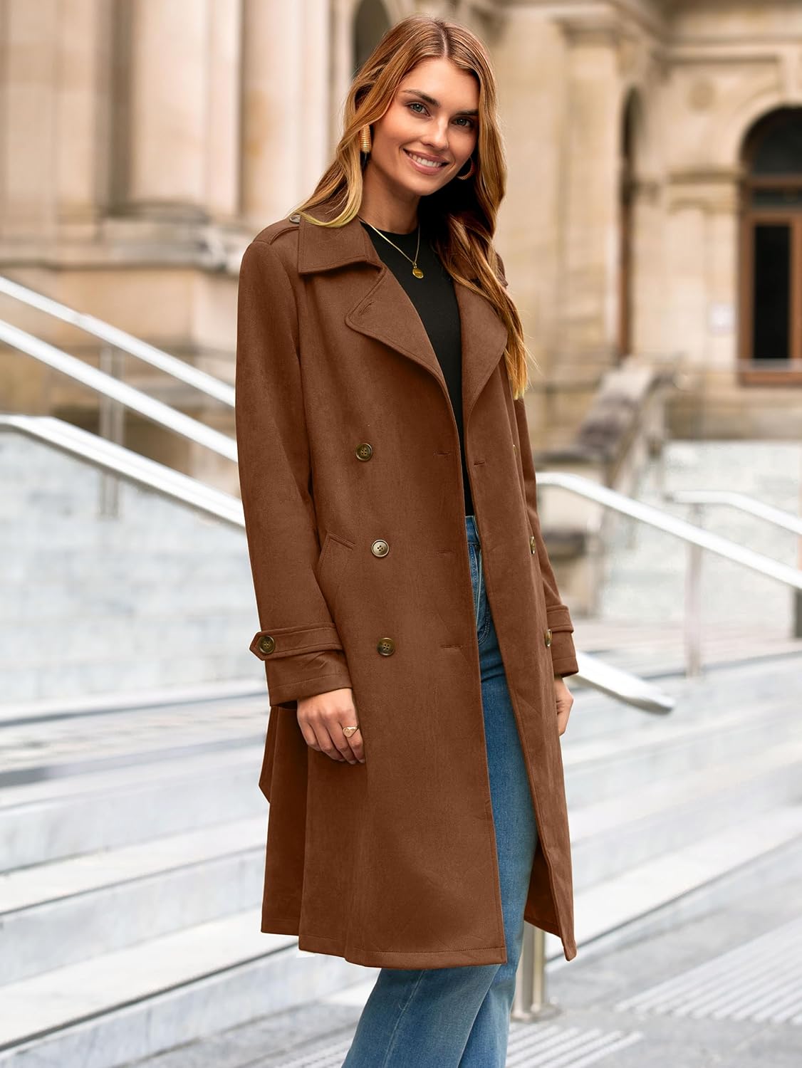 Simplee Womens Long Trench Coat Fall Winter Double Breasted Classic Lapel Slim Work Office Suede Overcoat with Belt - Image 4