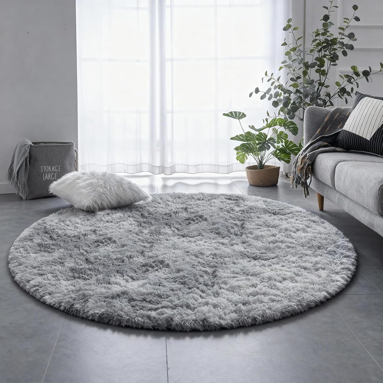 Amdrebio Tie-Dyed Light Grey Round Area Rugs for Living Room, 7x7 Large Soft Circle Rugs for Bedroom, Fluffy Shag Carpet for Kids Room, Big Modern Floor Circular Shaggy Farmhouse Rug