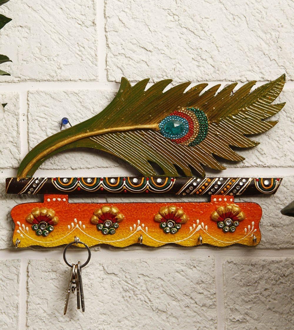 JaipurCraftsBeautiful Mor Pankhi Wooden Key Holder (4 Hooks, 9 in x 6 in)