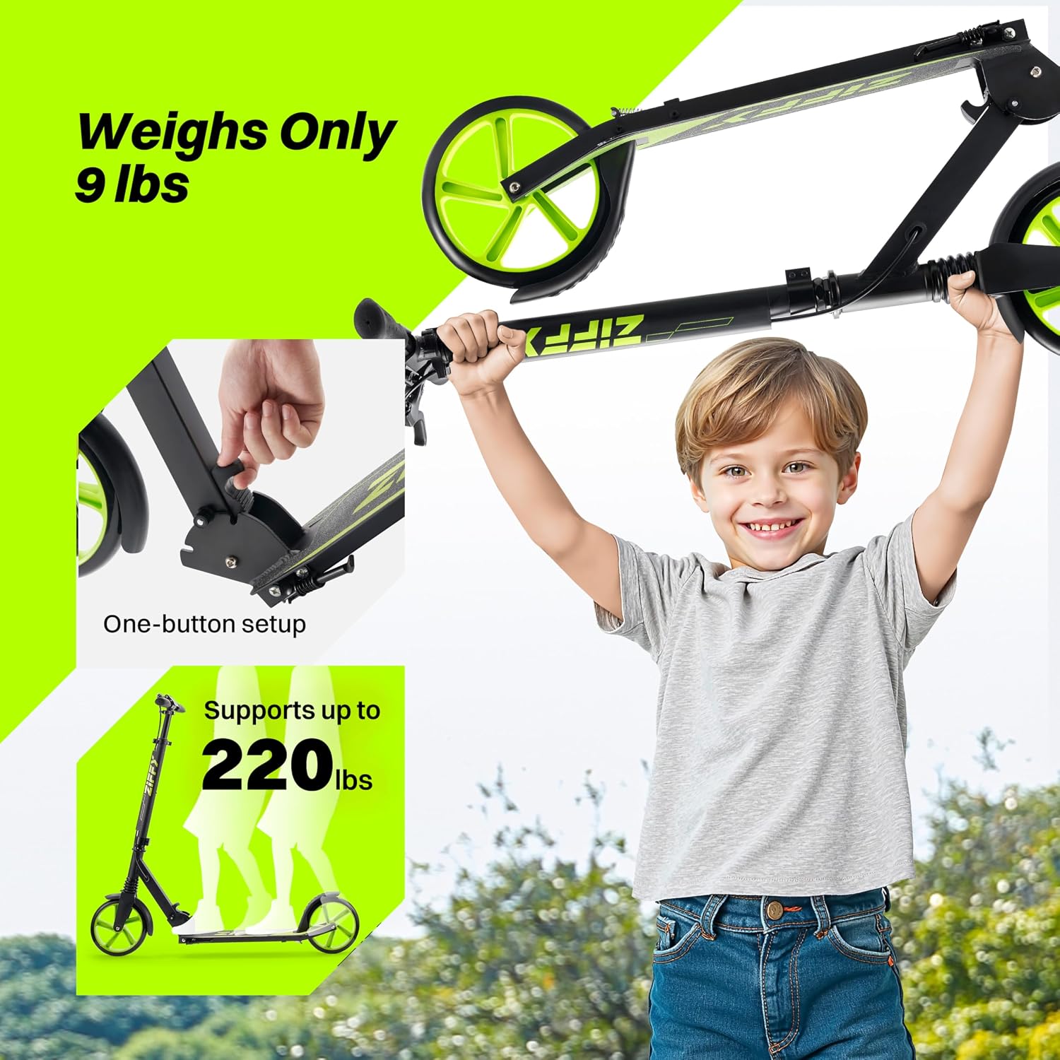 JOVA ZIFFY Scooter for Kids with Hand Brake, Foldable Kick Scooter for Ages 6-12, Lightweight Scooter for Boys with 4 Adjustable Heights, ABEC9 Bearings, Supports Up to 220 lbs