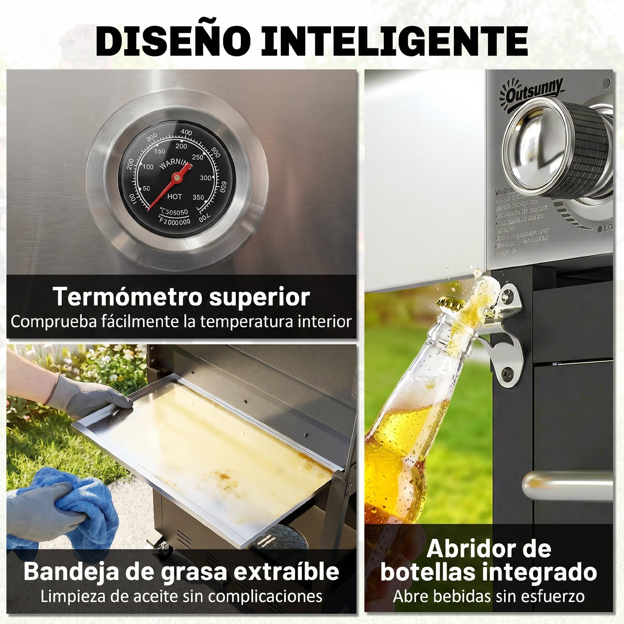 Outsunny Barbacoa de Gas BBQ Gas con 4 Quemadores 12,8 kW Barbacoa Portátil con Termómetro Mesas Laterales Armario Rejilla Calentadora Acero Parrillas de Hierro Fundido Recogedor Grasa 4 Ruedas Negro