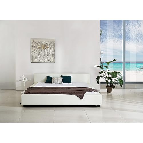 GREATIME Queen Size Bed Frame, White Color, Modern Design Upholstered Platform Bed, No Box Spring Needed, Strong Wood slats Support, Easy Assembly, Simple Classic Bed, White Bed