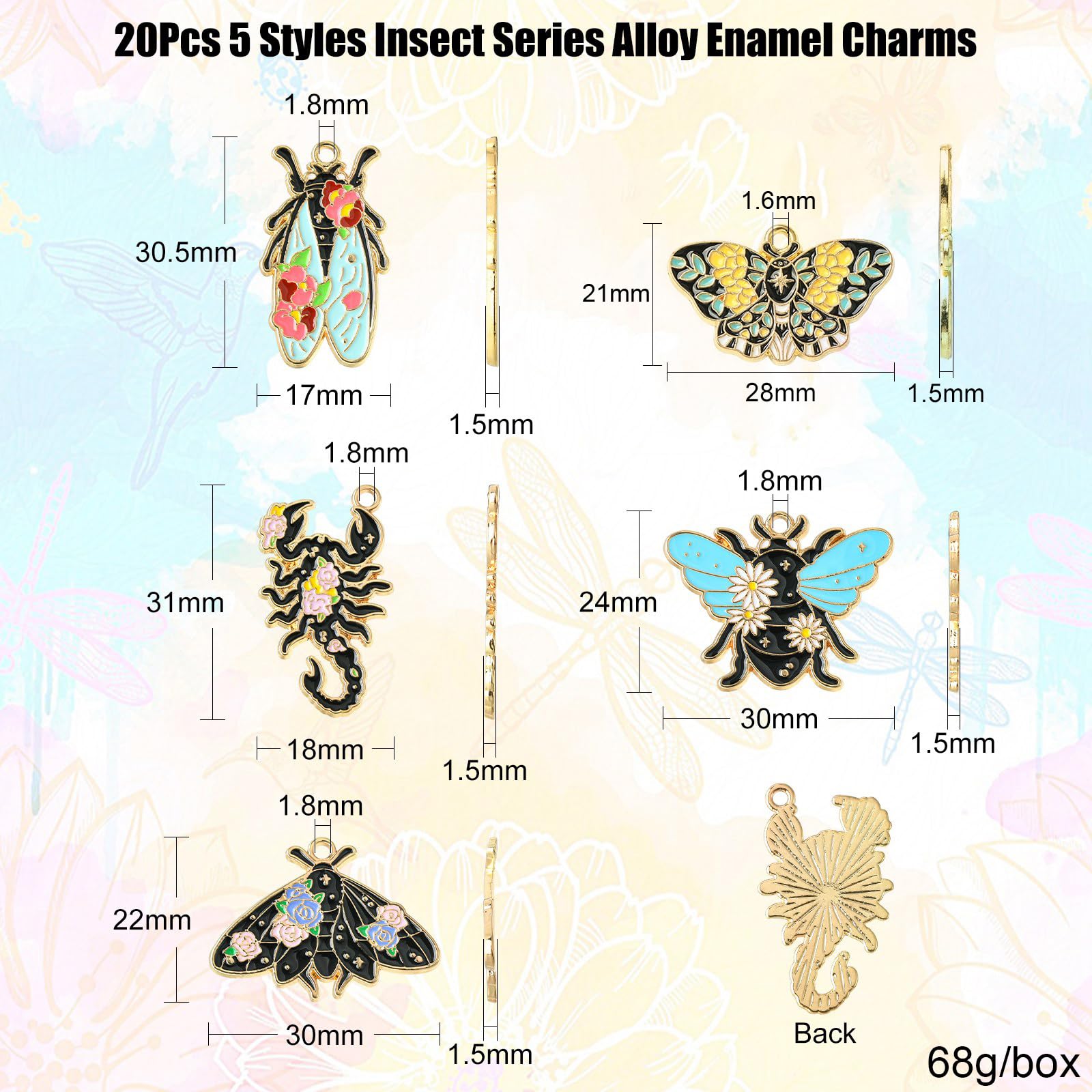 Stiesy 20Pcs 5 Styles Enamel Black Insect Animal Charms Pendants with Flower Butterfly Bees Beetle Scorpion Cicada Charms for DIY Crafts Gift Jewelry Making - Image 2
