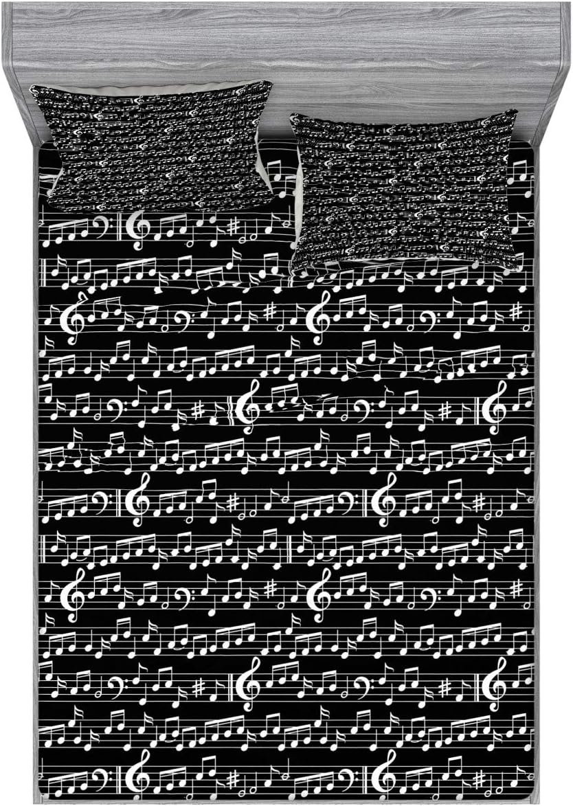 Ambesonne Music Fitted Sheet & Pillow Sham Set, Musical Notes and Clef Sheet Pattern in Abstract Style Print, Decorative Printed 3 Piece Bedding Decor Set, Queen, White and Charcoal