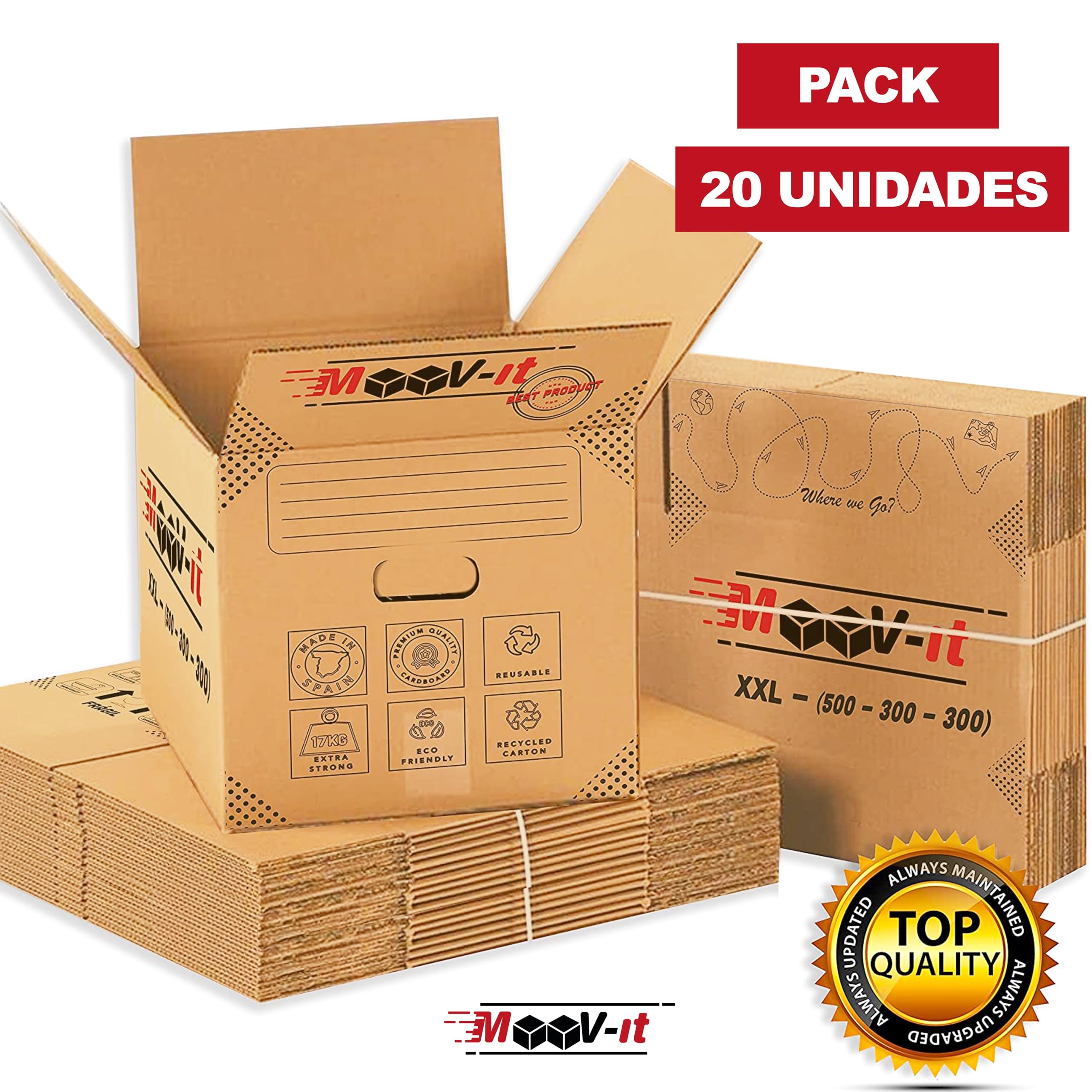 Pack de 20 cajas de cartón para mudanza,50x30x30cm, Cartón reforzado y resistente. Cajas de embalaje para envíos con asas.Para almacenaje y Embalaje.Reutilizables. (20Ud. (50x30x30cm))