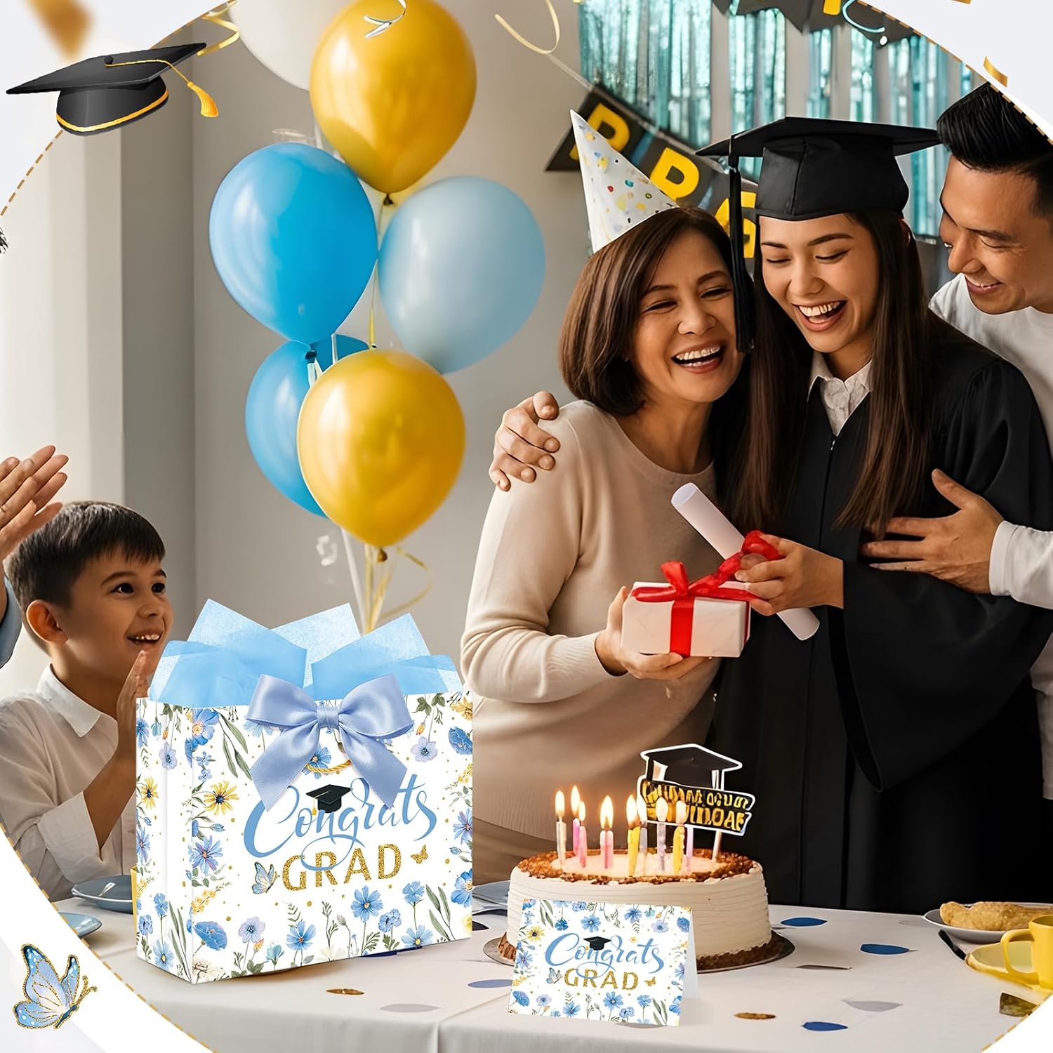Maitys 12 Pack 13" Large 2026 Graduation Gift Bags Bulk with Handle, Tissue Paper, Card, Ribbon Blue Gold Class of 2026 Congrat Grad Wildflower Paper Wrapping Bag for College Graduation Party Supplies