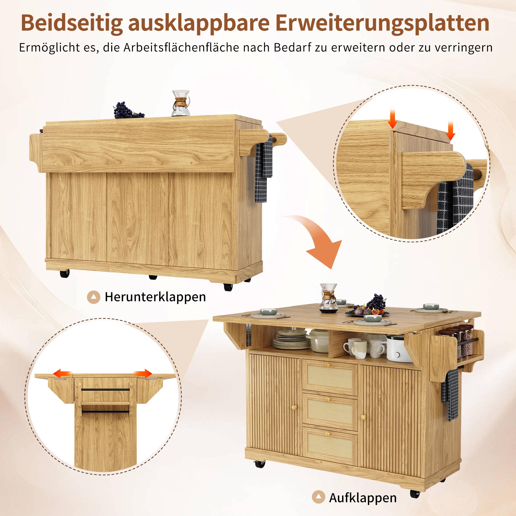 Lexiou Carro plegable para servir de cocina, 95 cm, con altura ergonómica | Cajones de ratán de polietileno para cocina, balcón y camping, color marrón oscuro