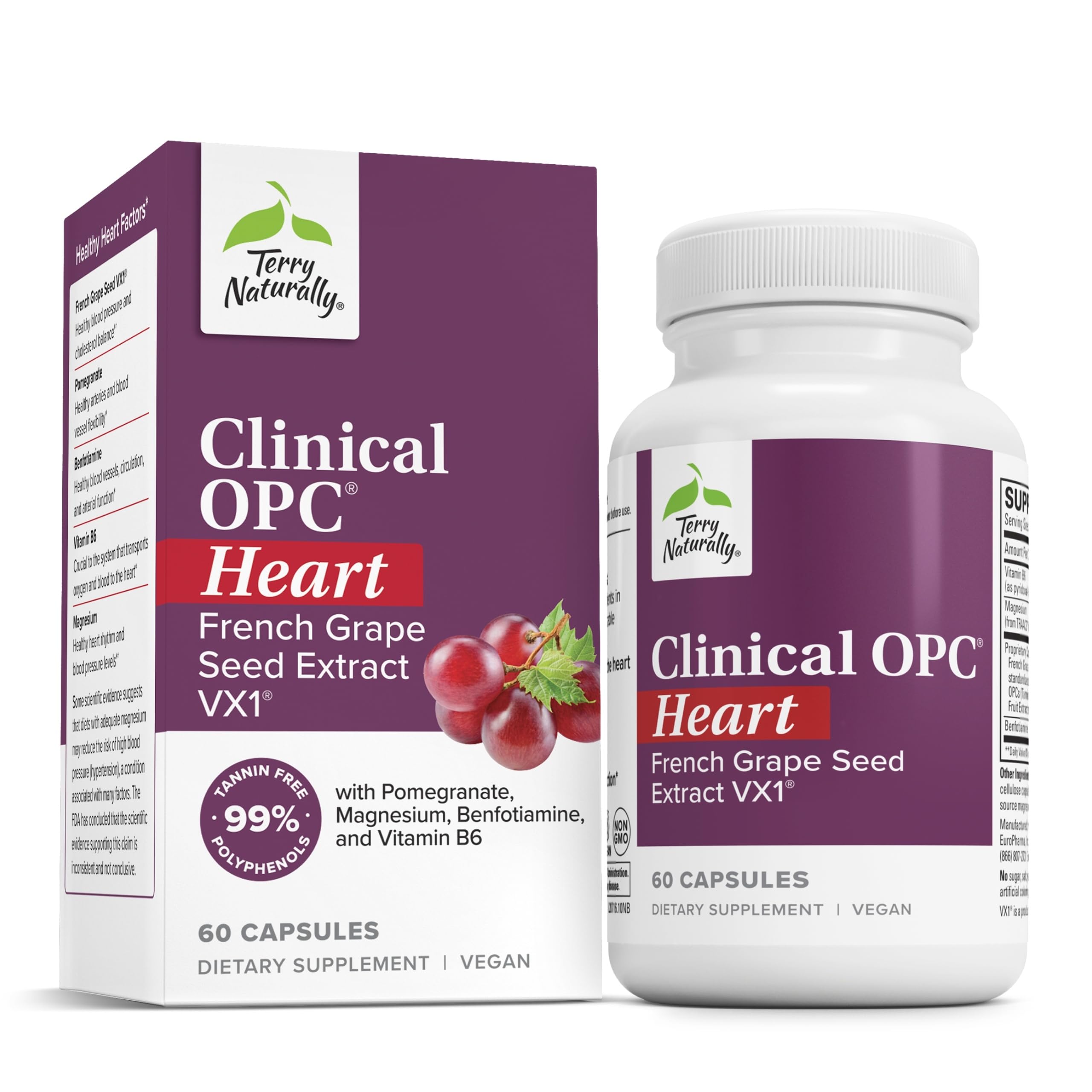 Terry Naturally Clinical OPC Heart - Heart Health Supplement with Magnesium, Vitamin B6, Grape Seed Extract - Dietary Supplement for Artery Health & Circulation - 60 Capsules