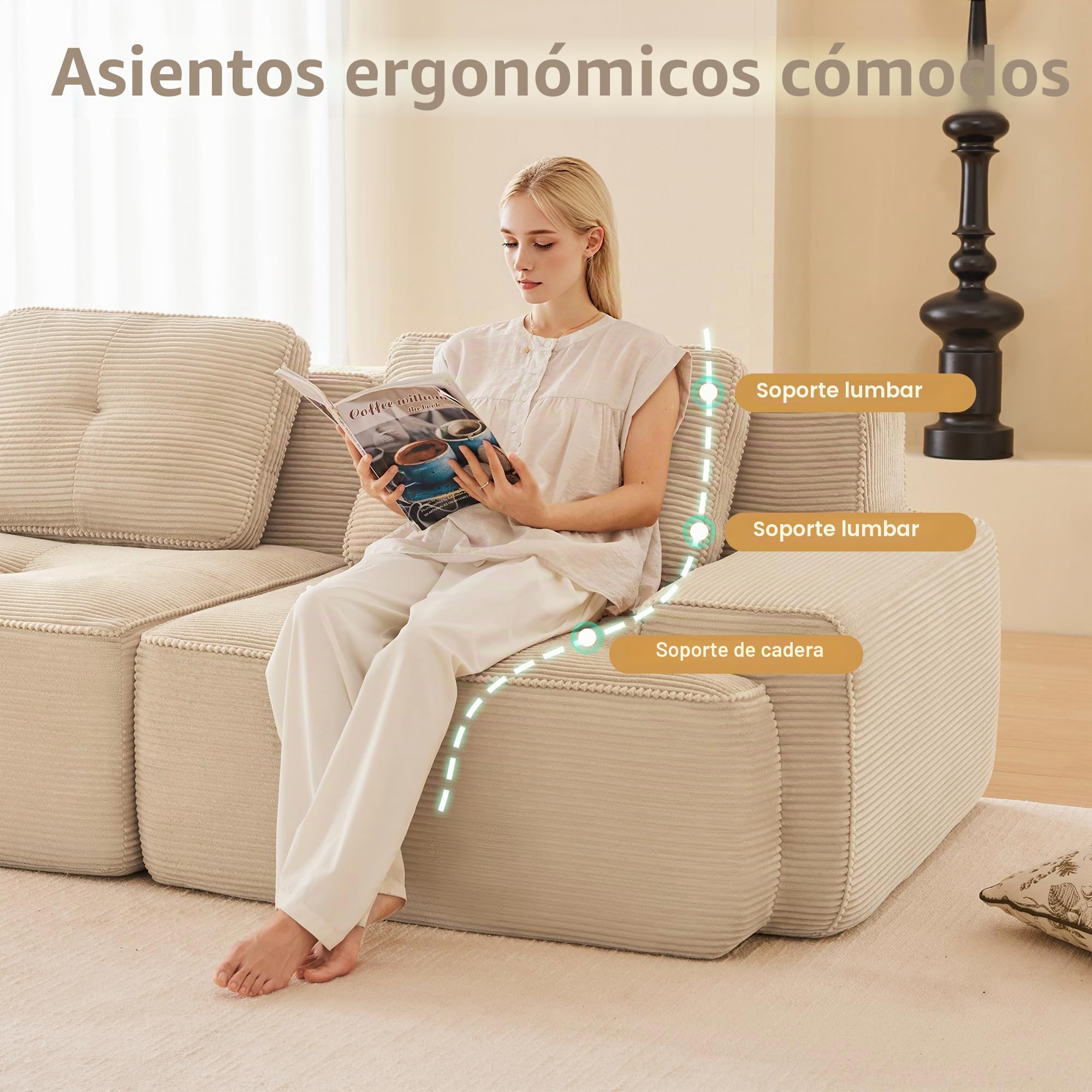 Sofá Modular Comprimido 204 cm, Sofá de 2 plazas con 2 pufs y 2 cojines, Cómodo sofá deshuesado de pana, sofá esquina/sofá cama para salón