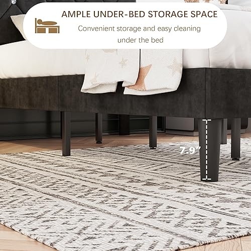 Miniatura 25 de VECELO Base de cama de tamaño individual, plataforma tapizada con cabecera ajustable de diamante, soporte de listones de madera, no necesita somier,