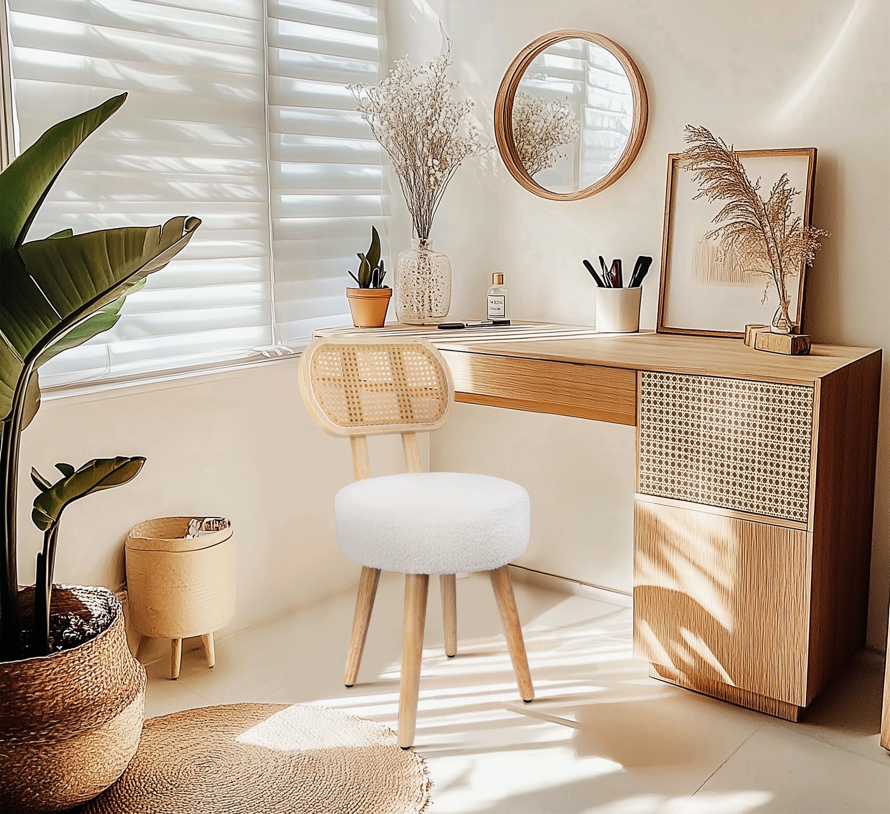 ZYBT Rattan Dining Chair, Kitchen Dining Room Chairs, Mid Century Modern Boucle - product photo