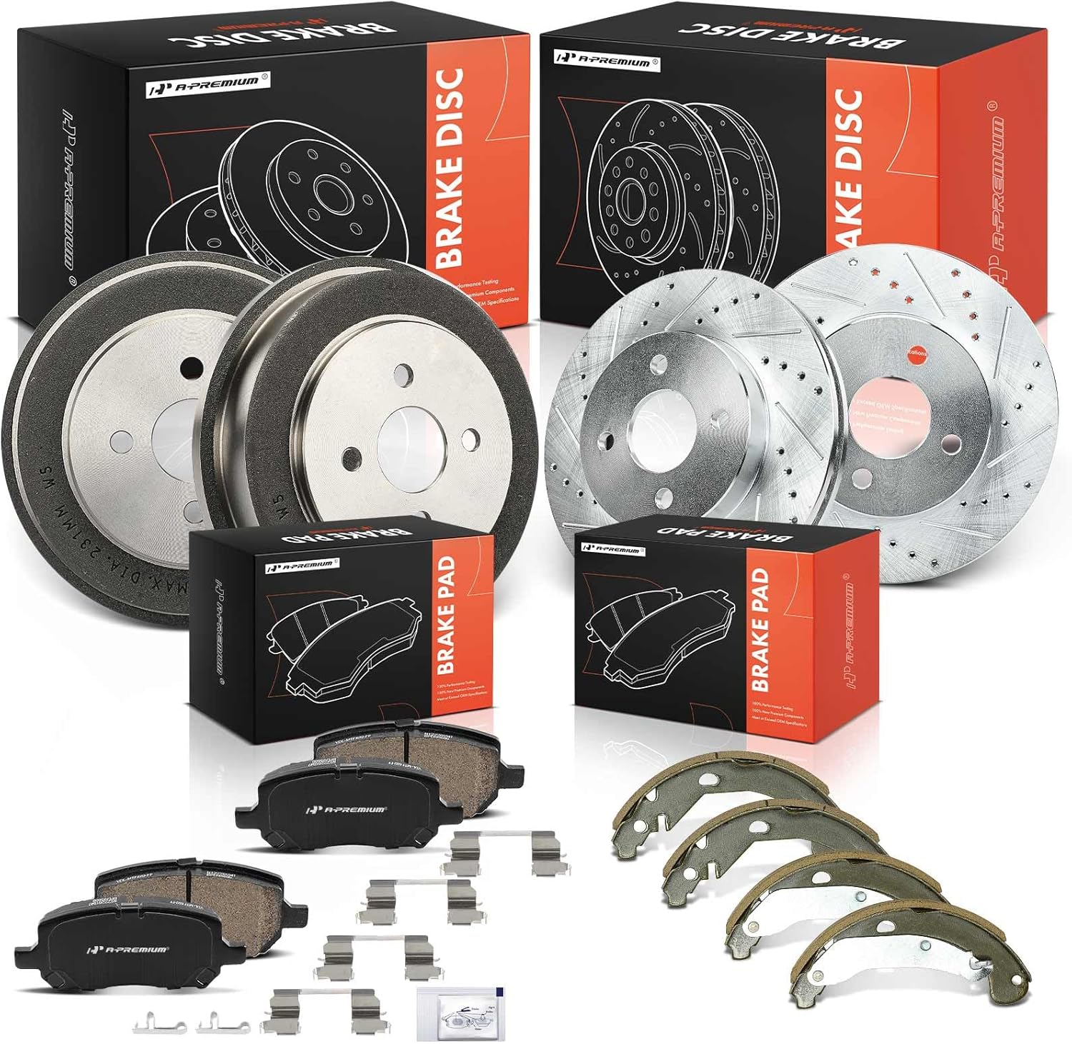 A-Premium Front Disc Brake Rotors Ceramic Brakes Pads + Rear Brake Drums Brake Shoes Compatible with Select Chevrolet, Pontiac and Saturn Models - Cobalt 2005-2008, G5 2007-2008, Pursuit, Ion, 12 Pcs