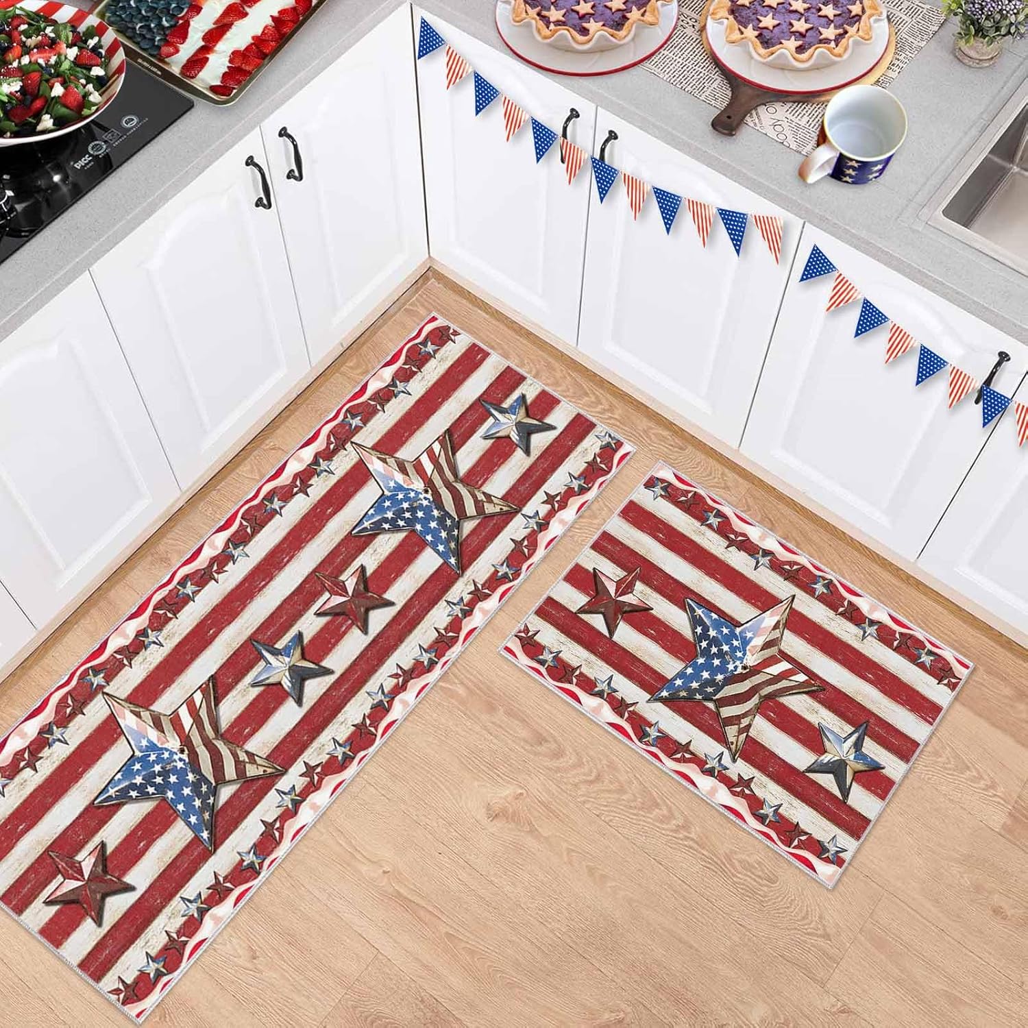 2 Pieces Kitchen Rugs and Mats,Independence Day American Star Area Runner Rug Set Non Slip Floor Doormat Washable Carpet Standing Mat for Kitchen Sink Indoor Corridor,Farmhouse Retro Red Stripe Wood