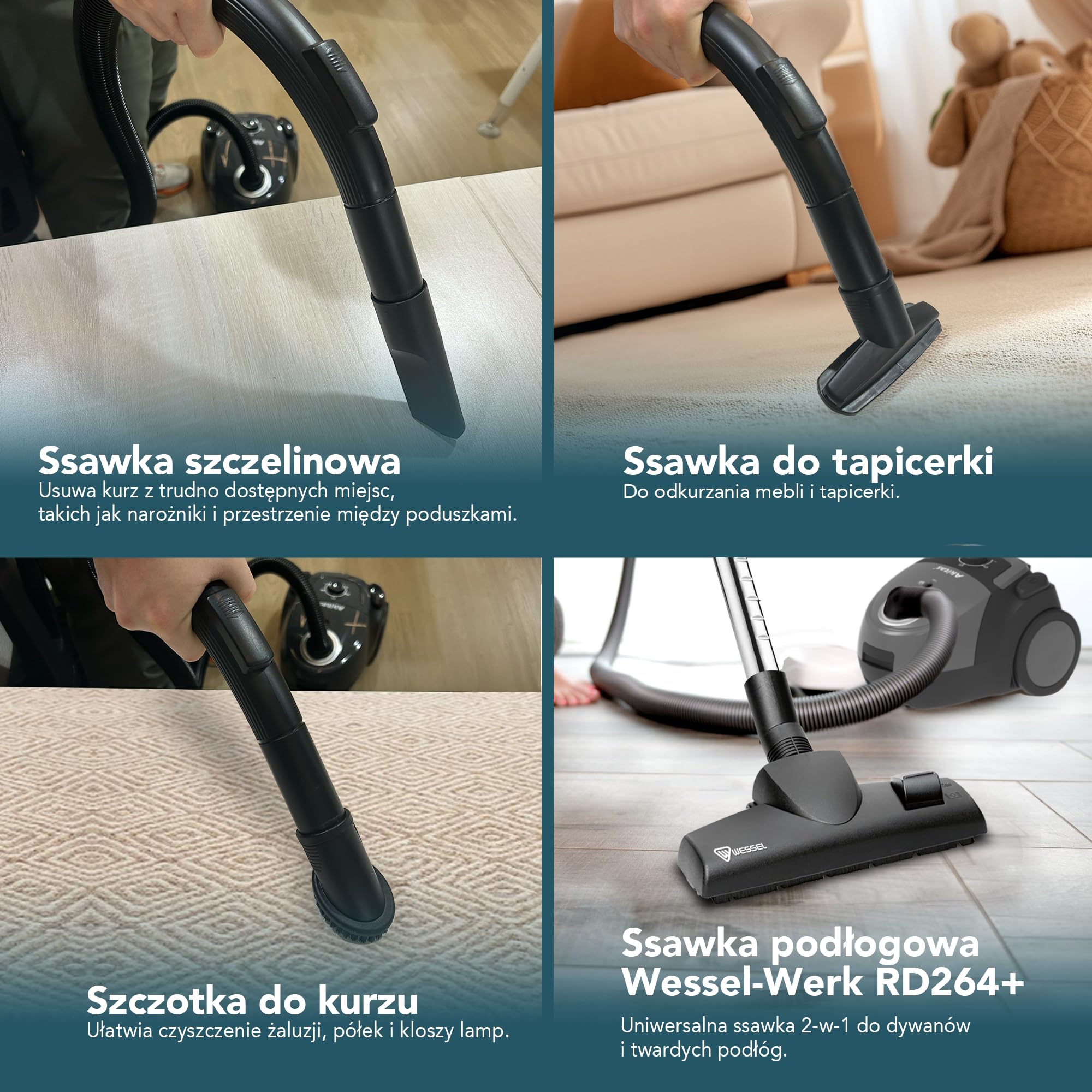 Odkurzacz workowy Akitas C5, moc ssąca 850W, promień działania 9 m, filtr HEPA dla alergików i zwierząt domowych, dysza podłogowa Wessel-Werk, zawiera 3 akcesoria, kompaktowy i lekki