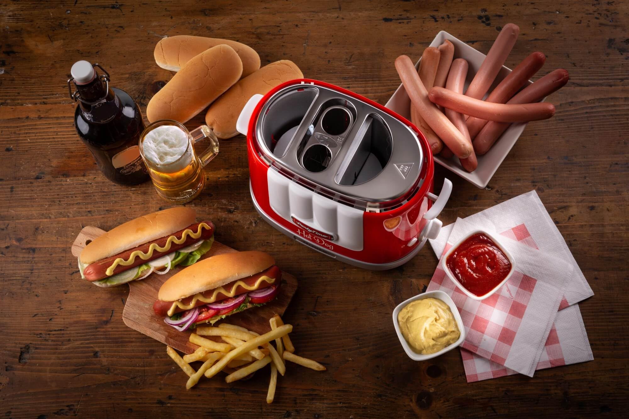 Ariete Hot Dog Maker Party Time 206, Hot Dog-Maschine mit 4 Garräumen, 5 Garstufen, Automatischer Auswurf, Hot Dog Toaster, 650W, Rot